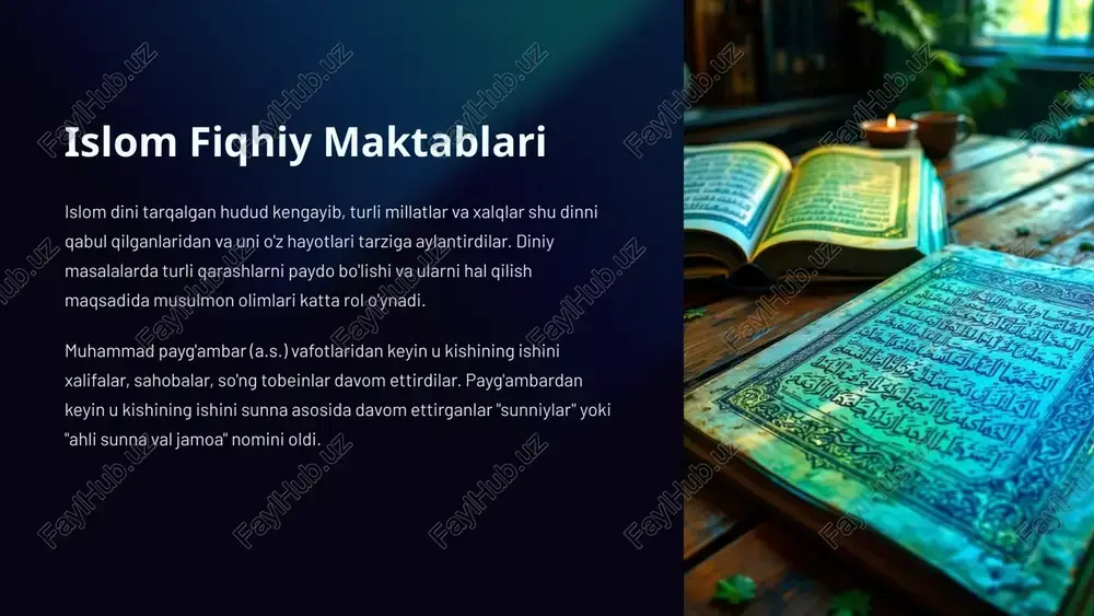 . qur'on, sunnat, ijmo va sahobalarning gaplari asosiy o'rin egallaydi. "al-musnad" asarida qirq ming atrofida hadis jamlangan. 7 mazhablar bir-birining fikriga qarshi chiqmaydi va o'zlarini boshqasi bilan teng deb hisolaydilar. ular shariat masalalarida yengilroq yoki qattiqroq hukm chiqarishi bilan farq qiladi. shuningdek, mazhablar o'zi tarqalgan mintaqalarning sharoitidan ham kelib chiqqan holda fatvolar berganlar. shofeiy mazhabida tahoratdan so‘ng yuzni artmaslik afzal hisoblansa, hanafiy mazhabida yuzni artish afzaldir. hanafiy mazhabi sovuq o‘lkalarda ham tarqalganini e’tiborga olinsa, shofeiy mazhabi asosan issiq o‘lkalarda yoyilgan. mazhablar turlicha bo‘lsada, ular asoschilari-mujtahidlarning barchasi bir-biriga ustoz-shogird tizimidadir. ular bir-birlarining mazhabini tan oladilar. to‘rtta mazhab ham hijriy ikkinchi asrning o‘zida shakllanib ulgurgan. ammo ushbu mazhablarning faqat bittasini ushlash lozim. bir masalada bu mazhabni, boshqasida ikkinchisiga amal qilish mumkin hisolanmaydi. imom abu hanifa va hanafiylik mazhabi ilm yo'li abu hanifa yoshligidan qur'onni yodlaydi. imom sha'biy maslahatidan so'ng ilm yo'lini tanlaydi va to'rt mingdan ortiq ustozdan dars oladi. fiqhiy usul qur'on, …