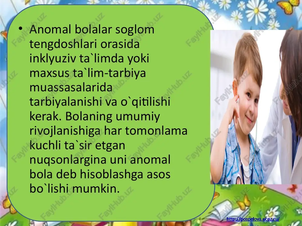 logopediya fanida muayyan tilning me’yoridan chetga chiqish deb ta’riflanadi. nutq nuqsoni o’z – o’zidan barham topmaydi, balki vaqt o’tgan sari yanada mustahkamlanib, zo’rayib boradi. nutq nuqsoni gapiruvchining yoshiga mos kelmaydi. nutq nuqsoniga ega bo’lgan kishilar logopedik yordamga muhtoj bo’ladi. og’ir nutq nuqsoni kishining nafaqat nutqiga balki, umumiy rivojlanishiga ham salbiy ta’sir ko’rsatali. hozirgi kunda nutq nuqsonlarining turli klassifikatsiyalari mavjud. nutq nuqsonlari asosan 3 ta katta guruhga ajratiladi. fonetika – fonetik xarakterli nuqsonlar, sistemali nutq buzilishlari va yozma nutq nuqsonlari. fonetika – fonematik nuqsonlarga tovushlar talaffuzidagi nuqsonlar, ovoz nuqsonlari, nutq sur’ati, tempi, ritmi va ravonligidagi kamchiliklar, nutqni idrok etishni buzilish oqibatida sodir bo’lgan nuqsonlar kiritiladi. ruhan sust rivojlangan bolalar ulgurmovchi o’quvchilar orasida ruhan sust rivojlangan bolalar ham uchrab turadi. ularning bilish faoliyati markaziy nerv sistemasidagi modda almashinuvi buzilishidan kelib chiqqan. yengil potologik o’zgarishlar vaqtinchalik buzilgan bo’ladi. ruhan sust rivojlangan bolalar aqliy darajasi jihatidan ikki guruhga bo’linadi. yengil nuqsoni bor bolalar bular …