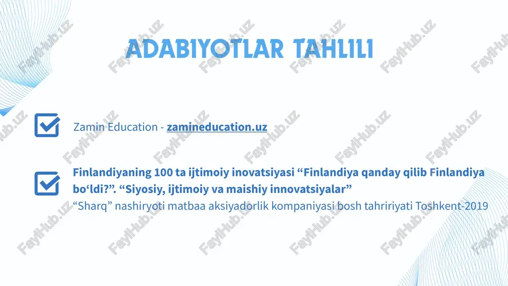 spublika markazi toshkent shahar qoroqolpog’iston respublikasi, viloyatlar va tumanlarda bir qancha yangi kutubxonalar va elektron kutubxonalar yangidan ish boshladi. shahar markazlarida “book” kafelar ochildi. odamlarni kitobxonlikka yo‘naltiruvchi bir qancha loyihalar ishlab chiqildi va amaliyotga joriy qilindi. maktablarda ham kitobxonlik tanlovlari shahar, viloyat, respublika miqiyosida bo‘lib kelmoqda kutubxonalar finlar hayot tarzining bir qismidir. kitoblar finlyandiyada juda ham qadrlanadi. finlar – kitobxon boʻlgan millatdir. bu kitoblarning sotilish darajasi, matbuotni oʻqiydigan odamlar soni va har yilgi kitob yarmarkalarining juda ham mashhurligida bilinadi. ayniqsa,bolalar va yoshlar uchun moʻljallangan kitoblar yaxshi sotiladi. biz asosiy e’tiborni oilaviy kitobxonlik madaniyatiga qaratishimiz lozim. mamlakatimizning barcha hududlaridagi maktablariga hozirgi zamon talablariga mos ravishda elektron kutubxonalarni shakllantirishimiz lozim o‘zbekistonda aholini kitobga bo‘lgan munosabatini oshirish borasida bir qancha ishlar olib borilmoqda. respublika markazi toshkent shahar qoroqolpog’iston respublikasi, viloyatlar va tumanlarda bir qancha yangi kutubxonalar va elektron kutubxonalar yangidan ish boshladi. shahar markazlarida “book” kafelar ochildi. odamlarni kitobxonlikka yo‘naltiruvchi bir qancha loyihalar …