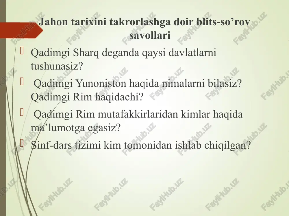 qulog’iga gap kiradi»,-deb yozilgan. mesopotamiyaliklar maorif ishlariga alohida e’tibor berganlar. maktablarda ko’proq podsho, badavlat kishilar, amaldorlar va o’ziga to’q kishilarning farzandlari o’qishgan. «xivich bilan savalovchi» maxsus nazoratchi bo’lgan. o’qituvchilar o’quvchilarni qunt bilan o’qishga undaganlar. maktablar davlat uchun xo’jalik, savdo va harbiy ishlarni boshqaruvchi xodimlar tayyorlaganlar. maktablarning quyi sinflarida maktablarning yuqori sinflarda til, adabiyoi, grammatika, matematika, musiqa, huquq, geometriya, astronomiya, tarix, tabobat, veterinariya va diniy fanlar spartaliklarning bolalari 7 yoshgacha uyda tarbiyalangan, so’ng «agella» deb atalgan maktabda o’qishgan. o’qish muddati 7-18 yoshgacha davom etgan. shu maktabda hukumatning taniqli kishisi «pedanom» butun tarbiyaviy ishga rahbarlik qilgan. tarbiya jarayonida bu maktabda o’smirlarga alohida e’tibor berishgan. ularni jismonan sog’lom bo’lishi uchun turli mashqlar bilan chiniqtirishgan. masalan: sovuqqa, ochlikka va chanqoqlikka chidash, og’rikka bardosh berishga o’rgatib borishgan. ta’lim jarayonining asosiy qismini xarbiy gimnastik mashqlar: yugurish sakrash nayza otish qo’l bilan jang qilish musiqa darsi qisqa so’zlashuv madaniyat spartada 18-20 yoshga yetgandan keyin maxsus «efeblar» guruhda …