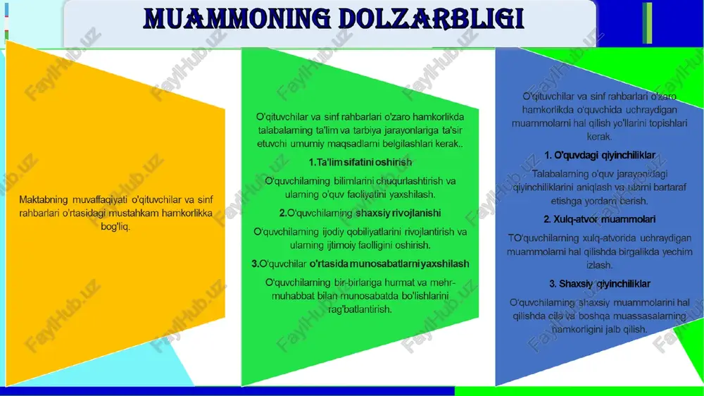 oasida doimiy takomillashtirish va o'sish imkonini beradi. oldinga intilish, izchil amaliyot va mulohazalarga e'tibor qaratish ushbu hamkorlikning samaradorligini yanada oshirishi mumkin. t/r muammo muammoning yechimini amalga oshirish mexanizmi mas’ullar muddati natija o'qituvchilar va sinf rahbarlari o'zaro hamkorlikda o‘quvchilarda uchraydigan muammolarni hal qilish yo'llarini topishlari kerak. o‘quvchilarning shaxsiy muammolarini hal qilishda oila va boshqa muassasalarning hamkorligini jalb qilish. maktab direktori, o’tibdo‘, mmibdo‘, psixolog har oyda samarali hamkorlikni rivojlantirish orqali o'qituvchilar va sinf rahbarlari ijobiy ta'lim muhitini yaratishi va o'quvchilarning faolligini oshiradi. o‘qituvchi va sinf rahbarlar ota-onalar bilan uchrashuvlar yaxshi yo‘lga qo‘yilmaganligi. o‘quvchilarning o'quv va tarbiya jarayoni haqida ota-onalarni xabardor qilish. o‘quvchilarning uy sharoiti bilan tanishish va ularning o'quv muhitini yaxshilashga yordam berish. maktab direktori, o’tibdo‘, mmibdo‘, psixolog har oyda maktabda samarali hamkorlikka erishish uchun fan o‘qituvchilari va sinf rahbarlari ,ota-onalar o‘rtasida o‘zaro hamkorlik ko‘nikmalarini rivojlantirish muhim ahamiyatga ega. tajribali o‘qituvchilardan sinf rahbarligiga yagona sinf rahbarligi bilan ta’minlanishidagi oqsoqliklar sinf rahbarligiga tajribali …
