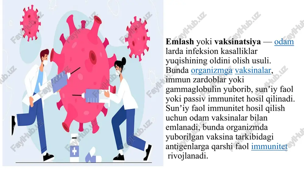 larda son mushagining uchdan bir qismi o‘rtasiga, ichki old sohasiga perpendikulyar (90 c) holatda ineksiya qilinadi. 2 yoshdan katta bolalarda yelka mushagining o‘rta qismiga, yon tomondan ineksiya qilinadi. shprits ignalari 1,5 sm dan uzun bo‘lmagani sababli dumba mushagi orqali emlagan ma’qul, bunda ineksiya mushak orasiga emas teri ostiga yuborilib qoladi. peroral (og‘iz orqali) yutish yo‘li bilan enteroviruslarga qarshi vaksinalar yuboriladi, masalan tirik poliomiyelit virusiga qarshi vaksina. vaksina yuborish texnikasi va joyi: kerakli bo‘lgan vaksina tomchilari og‘izga tomiziladi, yoki kichik bo‘lak qandga tomizilib, bolaga yedirish kerak bo‘ladi. bunda vaksinaning yoqimsiz ta’mini bola sezmaydi. bunday emlash usuli qiyinchilik tug‘dirmaydi, lekin ayrim kamchiliklarga ega, dozalarni aniq berishda xotilkarga yo‘l qo‘yilishi mumkin yoki ichaklar tizimidan so‘rilishi qiyin bo‘lishi mumkin. teri osti ineksiyasi tirik va noaktiv vakasinalarni parotit (tepki), qizilcha, sariq isitma kabilar qilinadi. teri ostiga vaksinani yuborishning kamchiligi shundaki, organizmda shu kasallikka qarshi immunitet sekin hosil bo‘ladi, ayniqsa noaktiv vaksinalar yuborilgan bo‘lsa. bundan tashqari …