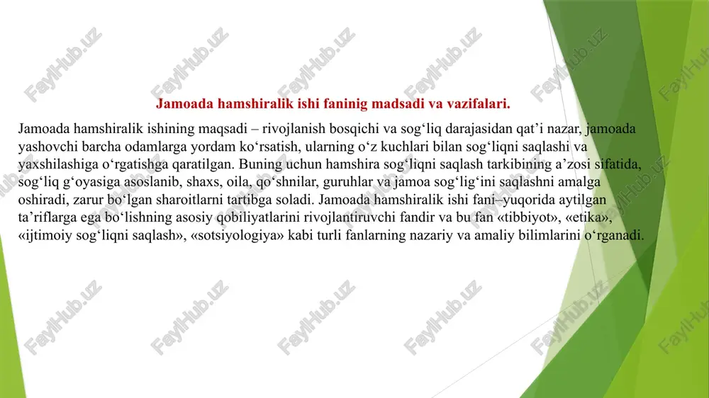 qarishdagi hamshiralik parvarishi korxonalar, ish joylaridagi faoliyati. ish sharoitlarini tayyorlash, shoshilinch yordam ko‘rsatish, kasalliklarning (kasb kasaliklari) oldini olish tadbirlari o‘tkaziladi, kasalliklarni erta aniqlash (tibbiy ko‘rik), davolash va sog‘liqni mustahakamlashda yordam ko‘rsatadi. ishlab chiqarishdagi hamshiralik parvarishining obyektlari ishchilar va ularning oila a’zolaridir. image1.jpg image2.jpg image3.jpg /docprops/thumbnail.jpeg