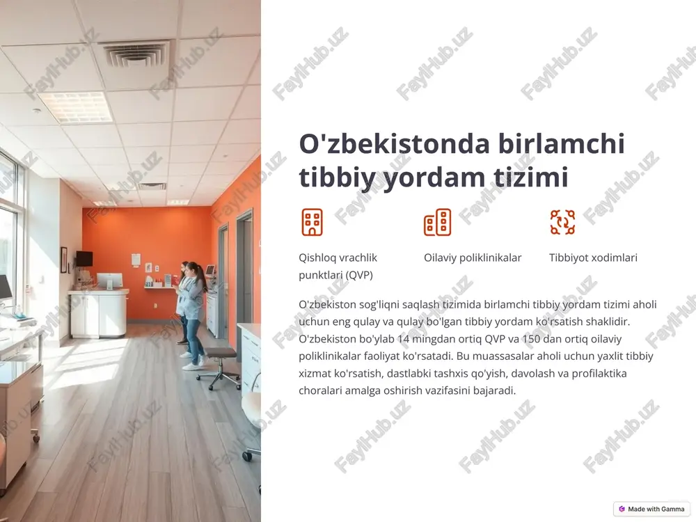 xshilash birlamchi bo'g'in xodimlari uchun zarurdir. 7 sog'lom turmush tarzini targ'ib qilish to'g'ri ovqatlanish to'g'ri ovqatlanish bo'yicha maslahatlar 1 jismoniy mashqlar jismoniy faollikni rag'batlantirish 2 stressni boshqarish ruhiy sog'liqni saqlash bo'yicha maslahatlar 3 tamaki chekishdan voz kechish tamaki chekishning salbiy oqibatlari haqida ma'lumot berish 4 sog'lom turmush tarzini targ'ib qilish birlamchi tibbiy yordamning muhim qismidir. to'g'ri ovqatlanish, jismoniy mashqlar, stressni boshqarish va tamaki chekishdan voz kechish kabi omillar aholi salomatligini yaxshilashda katta rol o'ynaydi. 8 image1.png image2.png image3.png image4.png image5.png image6.png image7.png image8.png image9.png image10.png image11.png image12.png image13.png image14.png image15.png image16.png image17.png image18.png