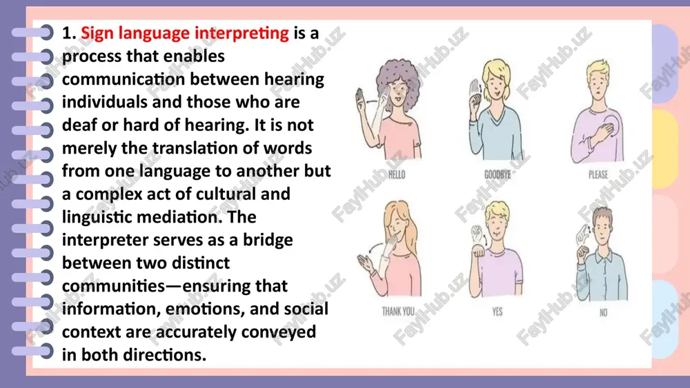 ural belonging through sign language. in this sense, bilingualism becomes not only a means of communication but also a key to preserving self-identity and achieving full social participation. moreover, bilingualism plays a crucial role in inclusive education. teachers and interpreters who skillfully balance sign and spoken languages help students develop broader worldviews and dual cultural competence. this approach not only enhances learning outcomes but also promotes equality, accessibility, and social justice within the educational environment. 3. the relationship between sign language interpreting and bilingualism is deeply intertwined, as interpreting itself is a bilingual act that bridges two linguistic and cultural worlds. a sign language interpreter functions as a bilingual mediator, transferring not only words but also meanings, emotions, and cultural nuances between the deaf and hearing communities. this process requires a high degree of linguistic competence, cultural awareness, and cognitive flexibility — characteristics that define effective bilingualism. in the field …