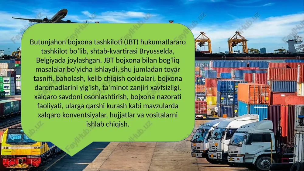 ki yilda bir marta yigʻiladi. jst mavjud bo'lgan davrda o'n bitta shunday konferentsiya o'tkazildi, ularning deyarli har biri globallashuv muxoliflarining faol noroziliklari bilan birga keldi. tashkilotni bosh direktor boshqaradi, unga bo'ysunadigan tegishli kengash. kengashga bo'ysunuvchi davlatlarning savdo siyosati bo'yicha maxsus komissiyasi bo'lib, ularning jst doirasida o'z majburiyatlarini bajarishini nazorat qilishga chaqiriladi. bosh kengash oʻzining umumiy ijroiya funksiyalaridan tashqari jst doirasida tuzilgan shartnomalar asosida tuzilgan bir qancha komissiyalarni ham boshqaradi. ulardan eng muhimlari: tovar savdosi bo'yicha kengash (gatt kengashi deb ataladigan), xizmatlar savdosi bo'yicha kengash va intellektual mulk huquqlarining savdo bilan bog'liq jihatlari bo'yicha kengash. bundan tashqari, bosh kengashda ko'plab boshqa qo'mitalar va ishchi guruhlar mavjud bo'lib, ular jstning oliy organlarini rivojlanayotgan mamlakatlar, byudjet siyosati, fiskal muammolar va boshqalar haqida ma'lumot bilan ta'minlashga chaqiriladi. jstning asosiy maqsadi boshqa aʼzo bojxona maʼmuriyatlarining samaradorligini oshirish va shu orqali ularga milliy rivojlanish maqsadlariga, xususan, daromadlarni yigʻish, milliy xavfsizlik, savdoni osonlashtirish, jamiyatni himoya qilish va …