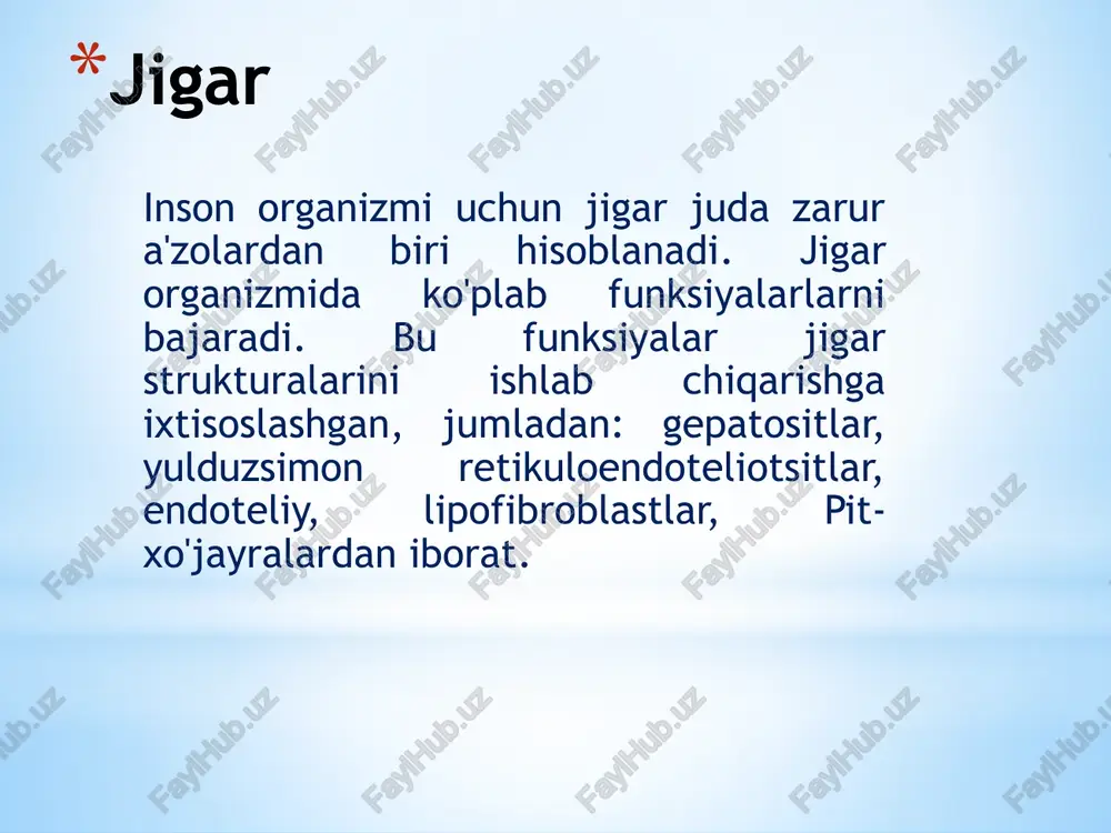 bo’g’iqlik sohasining pastki qismiga barmoqlarni uchlari qo’yilib, o’ng qo’l kafti qorin to’g’ri muskulini yon tomoniga, qorin devoriga qo’yiladi. 5. bemordan chuqur nafas olishi so’raladi, vrach o’ng qo’l barmoq uchlarini teriga ko’yib, biroz o’ziga tortib, burma hosil qiladi. 6. nafas olganda, qo’l ichkariga itarilib, jigarni pastki qirrasi bo’ylab sirpanadi (palpasiya qilinadi). 7. agar jigarning pastki qirrasini palpasiya qilib bo’lmasa, o’ng qo’l barmoqlarini 1-2 sm yuqoriroq qo’yib palpasiya qaytariladi, toki jigarning pastki qirrasi paypaslanguncha yoki qo’l o’ng qovurg’a yoyiga yetguncha. 8. me'yorda jigarning pastki qirrasi yumshoq, yumaloq tekis, og’riqsiz. kurlov bo'yicha jigar perkussiyasi kurlov bo’yicha perkussiyada 3 ta parametr bo'ylab jigar o'lchami aniqlaniladi. bajarilish ketma-ketligi: 1. jigarning 1-chi o'lchamini yuqorigi nuqtasi, o’rta o’mrov chizig’i bo'ylab, yuqoridan pastga, aniq o’pka tovushidan bo'g'iq tovush chiqquncha perkusiya qilib aniqlaniladi. 2. shu liniya bo'ylab, qorinni pastki qismidan, yuqoriga qarab bo'g'iq tovush chiqquncha perkussiya qilinadi va jigar 1chi o'lchamini 2 chi nuqtasi aniqlaniladi. ikkala nuqta orasidagi masofa …