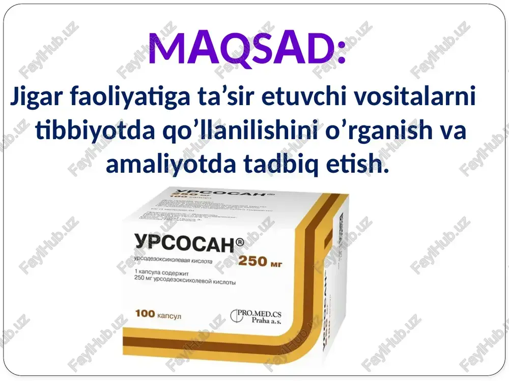 ida vitaminlar keng qo'llanadi, chunki jigar zararlanganda butun moddalar almashinuvi bilan birga vitaminlar almashinuvi ham izdan chiqadi, vitaminlar yetishmovchiligi paydo bo'ladi. vitamin a —retinol gepatitning xolestatik, axiliya bilan o'tadigan turlarida qo'llanadi, chunki bunday kasalliklarda jigarning karotinni vitamin a ga aylantirish xususiyati izdan chiqadi. jigarning surunkali kasalliklarida tiamin va boshqa vitamin b turlari kamayib ketadi, dnk hosil bo'lishi— regeneratsiya jarayonlari izdan chiqadi, shuning uchun bu kasalliklarda tiamin, piridoksin, pantotenat kislota, foli kislota qo’llanadi. vitamin b12 asosan jigarda to'planadi, jigar kasalliklarida gepatotsit oqsillari vitaminlarni bog’lash xususiyatini yo'qotadi, shuning uchun vitamin b12 gepatitlarda, ayniqsa, surunkali gepatitlarda va jigar sirrozida keng qoilanadi. askorbinat kislota uglevodlar almashinuvini, qon ivishini, qon tomirlar o'tkazuvchanligini boshqaradi, steroid gormonlar hosil bo'lishini, jigar fermentlarini rag'batlantiradi, shu tufayli jigaming zararsizlantiruvchi va regenerativ faoliyatini oshiradi. o'tkir va surunkali gepatitlarni davolashda keng qo’llanadi. jigarning oqsillar faoliyatini oshirish uchun surunkali gepatitlarda va jigar sirrozida anabolizantlar — nerabol, nerabolil, retabolil qo’llanadi, ular jigarda oqsil hosil …