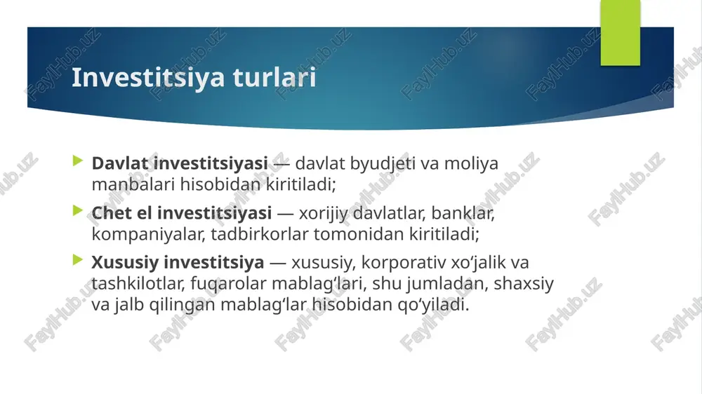 aqsadlarini belgilab olgan va uni davomli ravishda takomillashtirib bormoqda. oʻzbekiston respublikasida ham investitsiyalarni turli sohalarga jalb etish, ularning oqimini kengaytirish, investitsion faoliyatni ragʻbatlantirish boʻyicha davlat darajasidagi turli reja va dasturlar ishlab chiqildi. jumladan oʻzbekiston respublikasi prezidentining 2022-yil 28-yanvardagi “2022–2026-yillarga moʻljallangan yangi oʻzbekistonning taraqqiyot strategiyasi toʻgʻrisida”gi pf-60-son farmonini qonun hujjatiga mos ta’kidlab oʻtish joiz. mazkur farmonda mamlakatimizda investitsiya jozibadorligini oshirishni, biznes muhitini yaxshilashni nazarda tutuvchi aniq rejalar oʻz ifodasini topgan. bundan tashqari mahalliy va xorijiy investorlarga oʻzbekistonning investitsiyaviy salohiyatini namoyon etishga hamda mahalliy va xorijiy investorlar bilan oʻzaro muloqotni yoʻlga qoʻyishga qaratilgan “toshkent xalqaro investitsiya forumi”ni har yili oʻtkazilishi ham muhim ahamiyatga ega. investitsiyalarning iqtisodiy mazmuni va mohiyati investitsiya bu kelajakka ishonch, ishonchli hamkorlik, faol iqtisodiy va moliyaviy hamkorlik demakdir. har qanday davlat oʻz istiqbolini investitsiyalar jalb etmay turib, xalqaro moliyaviy institutlar bilan mustahkam aloqalar oʻrnatmasdan qura olmaydi, albatta. davlatning ustunlaridan biri bu iqtisodiyot boʻlib iqtisodiyotni investitsiyalarsiz tasavvur etib boʻlmaydi. shu …