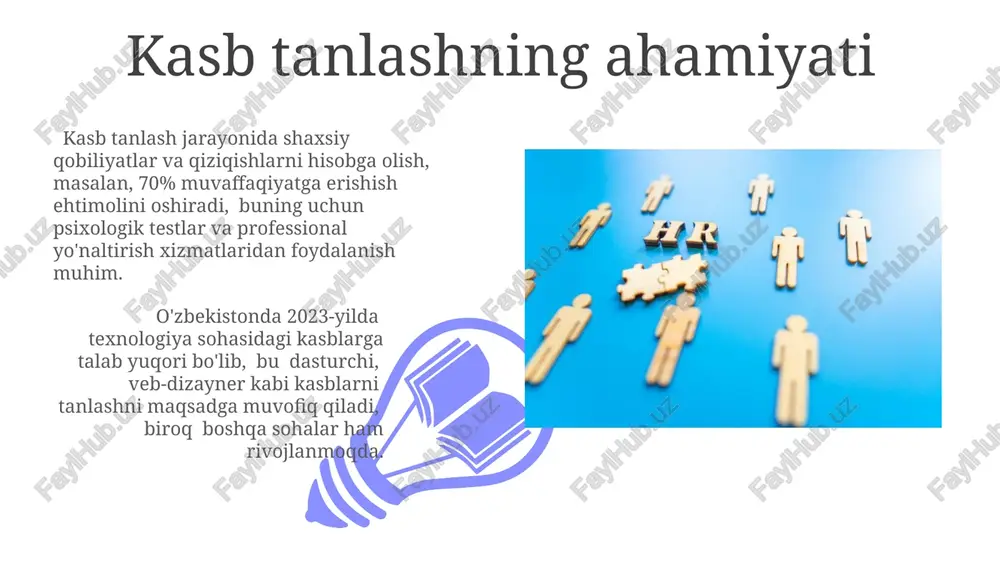 kllantirishga e'tibor qaratishni talab qiladi. yaponiyaning "karoshi" sindromi – ish bilan bog'liq haddan tashqari stress – yiliga minglab insonlarning sog'lig'iga jiddiy zarar yetkazmoqda, bu esa ish va shaxsiy hayot muvozanatini o'rnatish zarurligini ko'rsatadi. shaxsiy farqlarning roli individual psixologik xususiyatlar, masalan, introversiya yoki ekstraversiya, 5000 dan ortiq ishtirokchi bilan o'tkazilgan yaponiya tadqiqotiga ko'ra, turli kasblarga moslashuvchanlik darajasini aniqlaydi. aqsh tadqiqotlari shuni ko'rsatdiki, 70% dan ortiq muvaffaqiyatli menejerlar yuqori darajadagi emotsional intellektga ega bo'lib, bu esa shaxsiy farqlarning rahbariyat sohasidagi muhimligini tasdiqlaydi. shaxsiy rivojlanish shaxsiy rivojlanish jarayonida 20-30 yosh oralig'ida o'ziga xos qobiliyatlarni aniqlash va ularni 5 yillik reja asosida rivojlantirish, masalan, toshkentdagi kurslar yordamida, muhim ahamiyat kasb etadi. o'rtacha 35 yoshga kelib, shaxsiy rivojlanishning 70% ga yaqini shaxsning faol harakatlari va 30% atrofi tashqi omillarga bog'liq bo'ladi. bu raqamlar statistik tadqiqotlarga asoslangan. ish bozori tahlili 01 02 surxondaryo viloyatidagi qishloq xo'jaligi sohasidagi ish bozori tahliliga ko'ra, 2022 yilga nisbatan 2023 yilda …