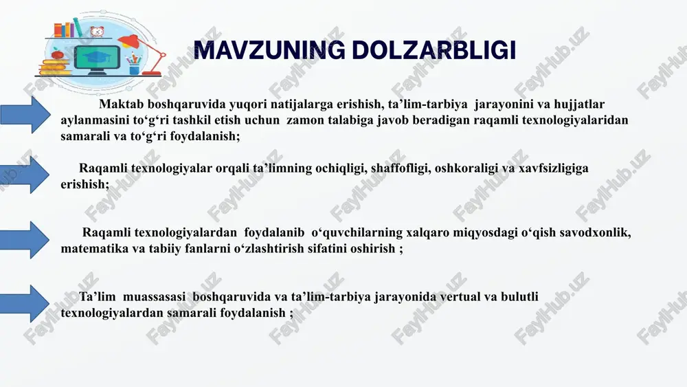 malaka oshirish kurslari taklif etiladi, bu jarayon ta'lim vazirligi tomonidan qo'llab-quvvatlanadi. mavzu yuzasidan xorijiy tajribalarning o‘rganilganligi qiyosiy tahlil etilganligi amaldagi holat (o‘zbekistonda) amaldagi holat (xorijda) taklif boshqaruvda raqamli texnologiyalar qo‘llaniladi, ammo ularni keng ko‘lamda joriy etish va foydalanish hali ham orqada qolmoqda koreya neis (national education information system) ma'muriyat, jadval, o'quvchilar ma'lumotlari va hisobotlarni boshqarish tizimiga o‘tgan o‘qituvchilarga raqamli texnologiyalarni o‘rganish va foydalanish uchun keng ko‘lamli treninglar va kurslar tashkil etish raqamli platformalar qo‘llaniladi, biroq ulardan foydalanish darajasi yuqori emas. aqshda platformalar: google classroom, microsoft teams kabi raqamli ta'lim platformalari keng qo‘llaniladi mavjud raqamli texnologiyalardan foydalanish savodxonligini oshirish bo‘yicha dasturlar ishlab chiqish. ota-onalar farzandlarining baholari va o'quv jarayonini kuzatish uchun e-maktab platformasi mavjud,lekin ota-onalar farzandlarining o‘quv jarayonlarini deyarli kuzatishmaydi rossiyada "elektronniy jurnal i dnevnik" butun mamlakat bo'ylab joriy etilgan, ota-onalar va o'quvchilar real vaqtda baholarni va topshiriqlarni kuzatib boradilar. ota-onalarning raqamli texnologiya lardan foydalanish savodxonligini oshirish bo‘yicha kurslar tashkil qilish …
