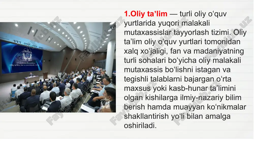 gan boʻlsada, mahalliy aholidan oliy maʼlumotli kadrlar tayyorlash ustuvor mavqeda boʻlmagan. 3.g`arb mamlakatlarida 11—12-asrlarga kelib zamonaviy maʼnodagi oliy taʼlim tizimining dastlabki koʻrinishlari vujudga kela boshladi. uygʻonish davrida matematika, mexanika, astronomiya, navigatsiya, tibbiyot kabi sohalardagi ulkan ilmiy kashfiyotlar oliy taʼlimning mazmuni chuqurlashuvi hamda qamrovi kengayishiga sabab boʻldi. fan, texnika, madaniyat va sanʼatning rivojlanishiga mutanosib ravishda oliy taʼlim ham taraqqiy etib bordi. bolonya universiteti (italyancha: università di bologna) — yevropadagi qadimgi universitetlardan biri. italiyaning bolonya shahrida joylashgan. 1088-yili bolonya shahrida asos solingan. 12—15-asrlarda mashhur boʻlgan; 13-asrda untdagi oʻquvchilar soni 10 mingga yetgan. bolonya universiteti yuridik, siyosiy fanlar, iqtisodiyot va tijorat, falsafa va sanʼat, pedagogika, tibbiyot, dorishunoslik, kimyo, muhandislik, qishloq xoʻjaligi, veterinariya va boshqa sohalar boʻyicha mutaxassislar tayyorlaydi. bolonya universitetida 60 mingdan ortiq talaba taʼlim oladi. universitet kutubxonasida 1 mln.ga yakin asar saqlanadi. oksford universiteti (inglizcha: university of oxford; norasmiy nomi oxford university yoki oxford) — angliyada joylashgan yirik va qadimiy universitet. ingliz …