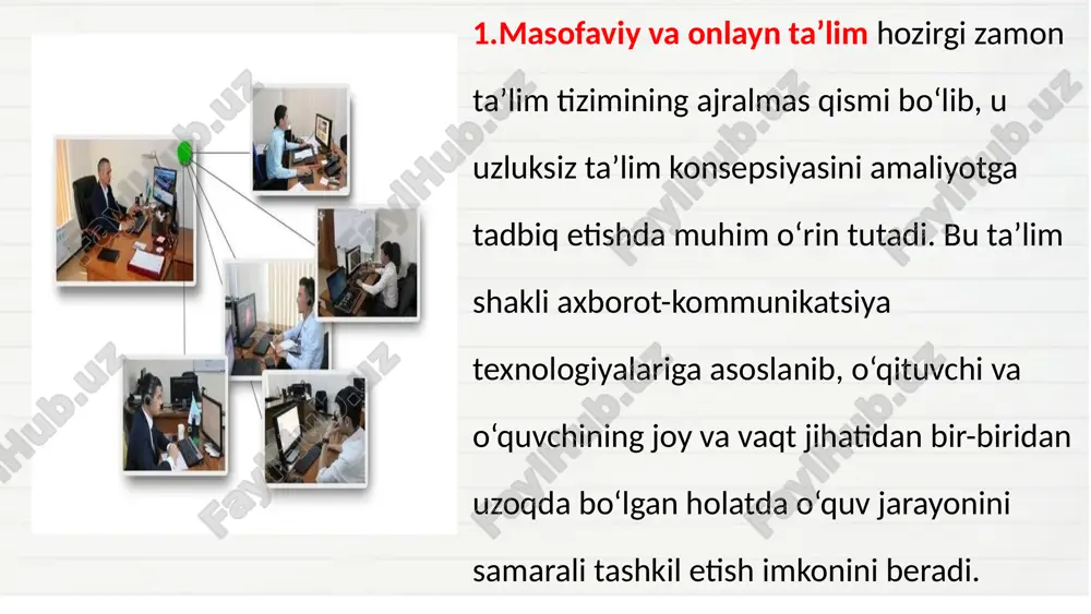 tasniflash mumkin: texnik infratuzilma muammolari. internet tarmog‘ining notekis rivojlanganligi, texnik vositalarning yetarli emasligi, ayniqsa qishloq joylarda axborot texnologiyalaridan foydalanish imkoniyatining cheklanganligi masofaviy ta’lim samaradorligiga salbiy ta’sir ko‘rsatadi. metodik muammolar. ba’zi hollarda o‘qituvchilar onlayn darslarni tashkil etishning didaktik tamoyillarini yetarlicha bilmasligi, yangi texnologik metodikalarga moslasha olmasligi kuzatiladi. natijada o‘quv jarayonida interaktivlik va teskari aloqa sustlashadi. motivatsiya va intizomning pasayishi. masofaviy o‘qitishda o‘quvchilar o‘z vaqtini mustaqil boshqarishi kerak bo‘ladi. biroq o‘zini o‘zi nazorat qilish, motivatsiya va mas’uliyat yetarli darajada bo‘lmasa, o‘qish jarayoni samarasiz kechadi. psixologik va kommunikativ muammolar. yuzma-yuz muloqotning cheklanishi o‘qituvchi va o‘quvchi o‘rtasidagi emotsional aloqaning susayishiga olib keladi. bu esa kommunikativ kompetensiyani rivojlantirishni qiyinlashtiradi. baholash tizimining murakkabligi. onlayn muhitda o‘quvchining mustaqil ishlaganini aniqlash, akademik halollikni nazorat qilish hamon dolzarb masalalardan biri hisoblanadi. differences masofaviy ta’limdagi muammolarni hal etish uchun quyidagi yo‘nalishlar taklif etiladi: o‘qituvchilar uchun raqamli pedagogika bo‘yicha malaka oshirish dasturlarini kengaytirish; o‘quv platformalarini milliy til va madaniyatga moslashtirish; akademik …