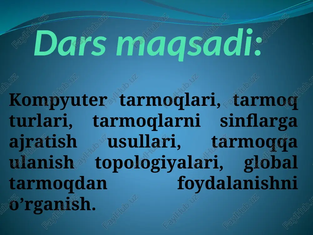 a oladi. unchalik katta bo'lmagan alohida tarmoqlar kampus tarmog’i uchun tugun bo'ladi. 4) funktsional munosabatiga ko'ra: - bir xil darajali (peer-to-peer - odnorangovoe) tarmoqlar, uncha katta bo'lmagan, bir xil mavqega ega kompyuter tarmoqlaridir. bu har bir abonent tizimi bir xil ko'lamda resurslarni taqdim va qabul qilishi mumkin bo'lgan, axborot tizimining kontseptsiyasi. bir xil darajali tarmoqda barcha kompyuterlar teng, ya'ni butun tarmoqni boshqarish uchun mas'ul kompyuter yo'q. barcha foydalanuvchilar kompyuteridagi qaysi ma'lumotlarni hamma uchun ochiq qilinishi mustaqil hal qiladi. -tarqatilgan (distributed) tarmoqlar. bunda serverlar tarmoq foydalanuvchilariga xizmat ko'rsatadi, biroq tarmoqni boshqarmaydi. chekli sondagi foydalanuvchilarning qar biri o'z serveriga “mijoz-server” sxemasi bo'yicha ulanadi. axborotni qidirish xuddi serverda qidirilgan kabi u orqali tarmoqdagi boshqa serverlarda qam onlayn rejimda amalga oshirilishi mumkin; -server (server based) yoki markazlashgan boshqarishga ega tarmoqlar. bu erda tarmoqning bosh elementi serverdir, qolgan tugunlar serverning resurslaridan foydalanishi mumkin (masalan, novell netware, microsoft lan manager va boshqalar). 5) tarmoq operatsion sistemalarini …
