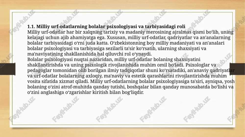 iyatiga nisbatan sevgi va hurmatni shakllantiradi. bu kabi hissiyotlar bolalarning o‘zlarini jamiyatning ajralmas bir qismi sifatida his qilishlariga yordam beradi. o‘zini jamiyatning to‘g‘ri a'zosi sifatida ko‘rgan bola, ijtimoiy me'yorlarga, axloqiy qadriyatlarga mos ravishda o‘zini tutishi mumkin. shuningdek, milliy urf-odatlarning tarbiyasi bolaning ko‘p tomonlama rivojlanishini ta'minlaydi. milliy o‘yinlar, musiqalar va folklor orqali bola nafaqat aqliy, balki hissiy va jismoniy rivojlanishiga ham yordam beradi. xalq og‘zaki ijodining bir qismi bo‘lgan ertaklar, bolaga nafaqat axloqiy saboqlarni beradi, balki uning tasavvurini kengaytiradi, uni ijodkorlik va yaratuvchanlikka o‘rgatadi. shunday qilib, milliy urf-odatlar bolalar psixologiyasi va tarbiyasida butunlay muhim o‘rin tutadi. ular bolalar shaxsiyatining shakllanishida asosiy rol o‘ynaydi, axloqiy-psixologik rivojlanishiga ta'sir qiladi, ijtimoiy moslashishga yordam beradi va bolalar uchun ma'naviy va madaniy qiymatlarni o‘rgatadi. milliy urf-odatlar orqali bola o‘zini, oilasini va jamiyatini sevishni o‘rganadi, jamiyatda o‘z o‘rnini topadi va haqiqiy inson sifatida shakllanadi. 2.1. xalq og‘zaki ijodi va an’anaviy o‘yinlar orqali milliy qadriyatlarni o‘rgatish milliy urf-odatlarni …