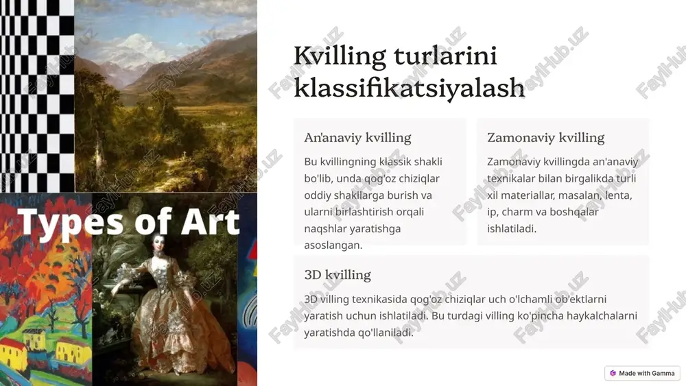 sh 1 ijodkorlik kvilling bolalarni ijodkorlik bilan shug'ullanishga va o'z tasavvurlarini ifoda etishga undaydi. 2 nozik motorika qog'ozni burish va elementlarni birlashtirish bolalarning nozik motorika mahoratini rivojlantiradi. 3 sabr-toqat kvilling bolalarni sabr-toqatli bo'lishga, ehtiyotkorlik bilan va aniqlik bilan ishlashga o'rgatadi. 8 kvilling va kvilling san'atini rivojlantirish uchun tavsiyalar 1 kurslar kvilling bo'yicha kurslar tashkil etish, mahorat darslari o'tkazish. 2 festival kvilling va kvilling asarlari namoyishi uchun festival tashkil etish. 3 internet kvilling bo'yicha onlayn darslar, video darsliklar va boshqa materiallarni yaratish. 9 natijalar va xulosa killing san'ati o'zining go'zalligi va o'ziga xos texnikasi tufayli keng tarqalgan. bu san'at turli xil maqsadlarda qo'llaniladi, shu jumladan bezak buyumlari, kartalar, ramkalar va boshqalarni yaratish. killing bolalarni ijodkorlik bilan shug'ullanishga, nozik motorika mahoratini rivojlantirishga va sabr-toqatli bo'lishga o'rgatadi. killing va kvilling san'atini rivojlantirish uchun turli xil kurslar va festival tashkil etish mumkin. 10 image-1002-1.png image-1-1.png image-1-2.png image-1003-1.png image-1004-1.png image-3-1.png image-1005-1.png image-4-1.png image-4-2.png image-4-3.png image-4-4.png …