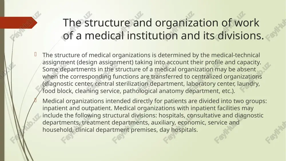 nt to the hospital; 3) when the patient independently seeks help in the emergency department; 4) by transfer from another hospital. tasks of hospitals: 1) provision of qualified medical care; 2) use of methods and means for examining a patient and establishing a diagnosis that are not available in outpatient settings; 3) introduction of modern methods of prevention, diagnosis, and treatment into service practice; 4) conducting health education work among patients (and their parents) in order to improve their health culture. treatment and preventive medical organizations. emergency medical care (emc) is a type of medical care provided to citizens in case of illness, accident, injury, poisoning and other conditions requiring urgent medical intervention. an emergency call is available by dialing "103" in the republic of uzbekistan. treatment and preventive medical organizations. administration mobile teams operational (dispatch) department bookkeeping pharmacy human resources (hr) department technical department (administrative and economic part, communications, …