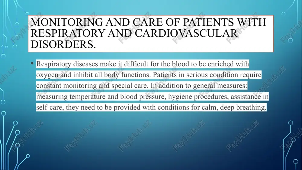 (restrictions - up to 1-1.2 liters per day).monitoring hemodynamic parameters, respiration and skin condition. care in case of choking choking or asphyxia in medicine is a life-threatening condition characterized by extreme shortness of breath with difficulty or inability to breathe, which is accompanied by the accumulation of carbon dioxide in the body. with a prolonged lack of oxygen supply to the tissues, irreversible damage to brain structures occurs. an attack of asphyxia requires immediate medical care regardless of the cause of its occurrence. care for hemoptysis the patient must be provided with complete physical rest. the patient must be seated in a bed in a semi-sitting position with a tilt to the affected side in order to avoid blood getting into the healthy lung. an ice pack is placed on the affected half of the chest. the patient is given small pieces of ice to swallow, which leads to a …