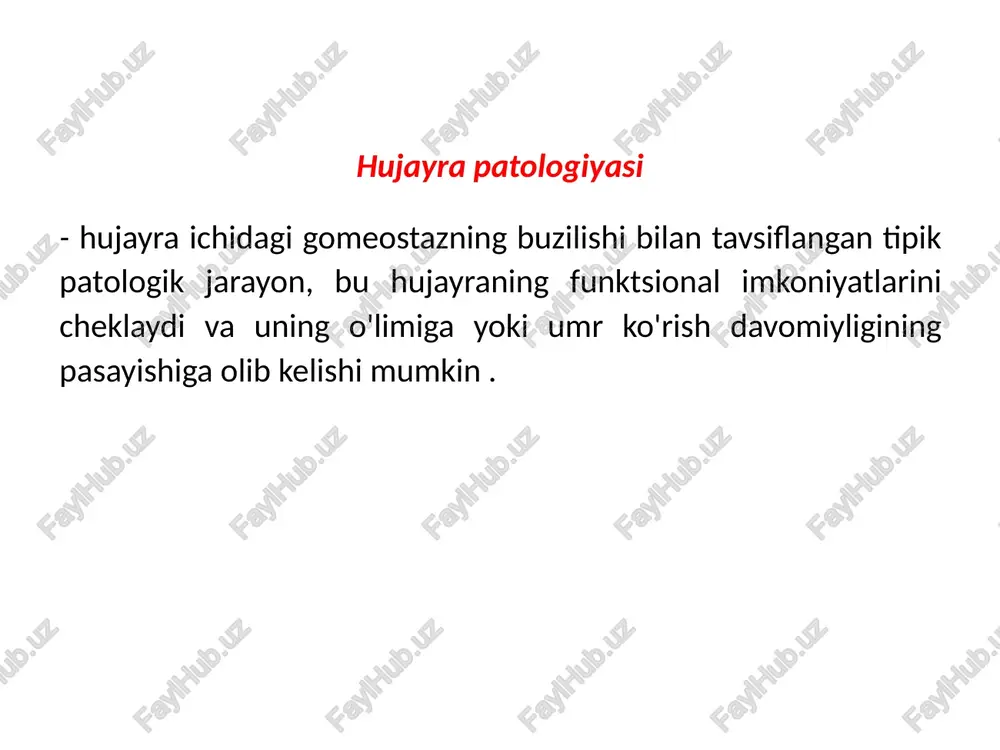 um metaplaziya bir turdagi differensial hujayralarni (epitelial va mezenximal) bir xil to'qimalarda boshqa turga almashtirish bazal membrana skuamoz hujayra metaplaziyasi oddiy ustunli epiteliy chekuvchilar ko'pincha ustunli epiteliyaning skuamoz hujayrali metaplaziyasini rivojlantiradilar. hujayra shikastlanishi adaptiv javob resursi tugaganda yoki hujayra zarar etkazuvchi vosita ta'sirida ishga tushiriladi. • qaytariladigan zarar • qaytarib bo'lmaydigan zarar ^ hujayra o'limi (progressiv shikastlanishning yakuniy natijasi) hujayra o'limi variantlari: • nekroz - zararli omil ta'siri natijasida hujayra o'limi. • apoptoz - dasturni amalga oshirish natijasida hujayra o'limi; uning bosqichma-bosqich to'xtatilishiga olib keladi hayotiy faoliyat. nekroz - energiya sarfini talab qilmaydi; - mahalliy va markaziy kelib chiqishning nazorat signallariga bog'liq emas; - nekroz atrofdagi tuzilmalar uchun ma'lum bir xavf tug'diradi - bu ko'pincha yallig'lanish jarayonining rivojlanishiga yordam beradi. nekroz turlari: - travmatik (mexanikning to'g'ridan-to'g'ri ta'siri, harorat, tebranish, radiatsiya va boshqa omillar). - toksik ( toksinlarning ta'siri , ko'pincha mikrobial). - trofonevrotik (periferik asab tizimining shikastlanishi tufayli to'qimalarning qon …