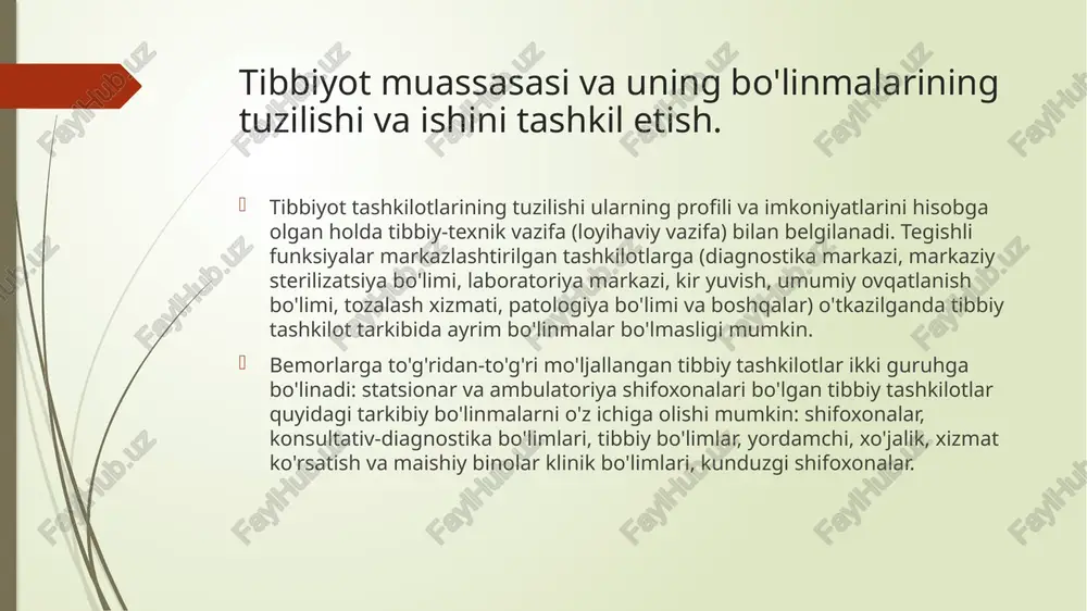 ika shifokorlarining yo'llanmasi bo'yicha; 2) bemorni kasalxonaga yotqizgan shoshilinch (tezkor) tibbiy yordam shifokorining ko'rsatmasi bilan; 3) bemor o'z-o'zidan tez yordam bo'limiga murojaat qilganda; 4) boshqa shifoxonadan ko'chirish. kasalxonalarning maqsadlari: 1) malakali tibbiy yordam ko'rsatish; 2) bemorni tekshirish va ambulatoriya sharoitida mavjud bo'lmagan tashxis qo'yish usullari va vositalaridan foydalanish; 3) profilaktika, diagnostika, davolashning zamonaviy usullarini xizmat amaliyotiga joriy etish; 4) bemorlar (va ularning ota-onalari) o'rtasida sanitariya madaniyatini oshirish maqsadida sanitariya-ma'rifiy ishlarni olib borish. davolash-profilaktika tibbiy tashkilotlari. shoshilinch tibbiy yordam (ems) - fuqarolarga kasalliklar, baxtsiz hodisalar, jarohatlar, zaharlanishlar va shoshilinch tibbiy aralashuvni talab qiladigan boshqa holatlarda ko'rsatiladigan tibbiy yordam turi. favqulodda qoʻngʻiroqlarni oʻzbekiston respublikasi hududida “103” raqami orqali olish mumkin. davolash-profilaktika tibbiy tashkilotlari. mamuriyat ko’chma brigada operativ (dispetcher) bo’lim bugalteriya dorixona kadrlar bo’limi texnik bo’lim tashkiliy-metodik bo’lim davolash-profilaktika tibbiy tashkilotlari. - poliklinikalar (oilaviy, markaziy, ko'p tarmoqli) poliklinika - bemorlarga tashrif buyurish va uy sharoitida tibbiy yordam ko'rsatish, kasalliklar va ularning asoratlarini davolash …
