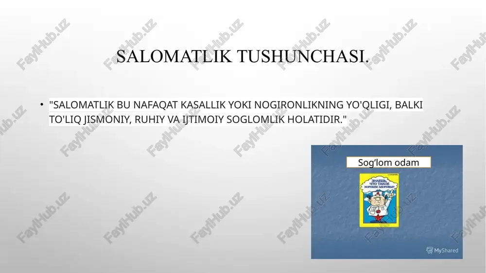 dan ko'proq davom etadi). progeriya – xatchinson-gilford sindromi. ekologik bioritmlar sutka davomida yil davomida shiddatli oy ritmlari kun tartibi. bioritmlarning turlari. ijtimoiy hayotning inson fiziologiyasiga ta'sirini hisobga olgan holda quyidagilarga bo’linadi: fiziologik ritmlar; geofizik ritmlar; ijtimoiy ritmlar. to'g'ri (ratsional) ovqatlanish: umumiy qoidalar. salomatlik - zamonaviy insonning hayot sifatining ko'rsatkichidir. ovqatlanish inson salomatligini belgilovchi eng muhim omil hisoblanadi. yengil taom nonushta peshimgi taom tushlik yengil taom umumiy tavsiyalar: har kuni barcha oziq-ovqat guruhlaridan turli xil ovqatlar iste'mol qiling. eslab qoling! hech qanday oziq-ovqat butunlay "yaxshi" yoki butunlay "yomon" bo’lmaydi. turli guruhlardagi ovqatlar va mahsulotlar iste'molini muvozanatda ushlang. oziq-ovqat iste'moli va jismoniy faollikni sozlash orqali sog'lom tana vaznini saqlang. oziq-ovqatlarni kichik qismlarda iste'mol qiling. uzoq tanaffuslarsiz muntazam ovqatlaning. kletchatkaga boy oziq-ovqatlarni iste'mol qiling (sabzavot, mevalar, non va boshqa don mahsulotlari, don mahsulotlari). yog'larni iste'mol qilishni cheklang. yog 'miqdori past bo'lgan ovqatlarni tanlang. ovqatlarni yog'siz yoki iloji boricha ozroq yog' bilan pishirishga harakat …