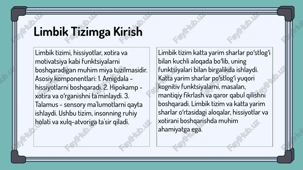 lob: ko‘rish. hujayra tuzilishi: po‘stloq nerv hujayralari, glial hujayralar va sinapslar bilan to‘ldirilgan. har bir qism limbik tizim bilan bog‘liq, masalan, emosiyalarni boshqarish va xotira jarayonlarida ishtirok etadi. photo by markus spiske on unsplash po‘stlog‘ning funksiyalari po‘stlog‘ sensor funksiyalari: tashqi muhitdan keladigan ma'lumotlarni qabul qilish va tahlil qilish. bu jarayonlar orqali biz atrofimizdagi narsalarni his qilamiz va ularni tushunamiz. po‘stlog‘ motor funksiyalari: harakatlarni boshqarish va muvofiqlashtirish. bu funksiyalar organizmning harakat qilishiga yordam beradi, masalan, yurish yoki qo‘l bilan biror narsani ushlash. kognitiv, emotsional va ijtimoiy funksiyalar: po‘stlog‘ yuqori fikrlash jarayonlarini, his-tuyg‘ularni va ijtimoiy munosabatlarni boshqarishga yordam beradi. bu funksiyalar shaxsiy o‘zgarishlar va ijtimoiy muloqotda muhim ahamiyatga ega. photo by markus spiske on unsplash 1 2 3 po‘stlog‘ning evolyutsiyasi evolyutsion rivojlanish jarayoni davomida po‘stlog‘ning tuzilishi va funksiyalari o‘zgarib bordi. inson va primatlar o‘rtasida po‘stlog‘ning rivojlanishi ularning intellektual qobiliyatlari va ijtimoiy hayotlariga ta’sir etdi. po‘stlog‘ning evolyutsiyasi jarayonida uning hajmi va strukturasida muhim …