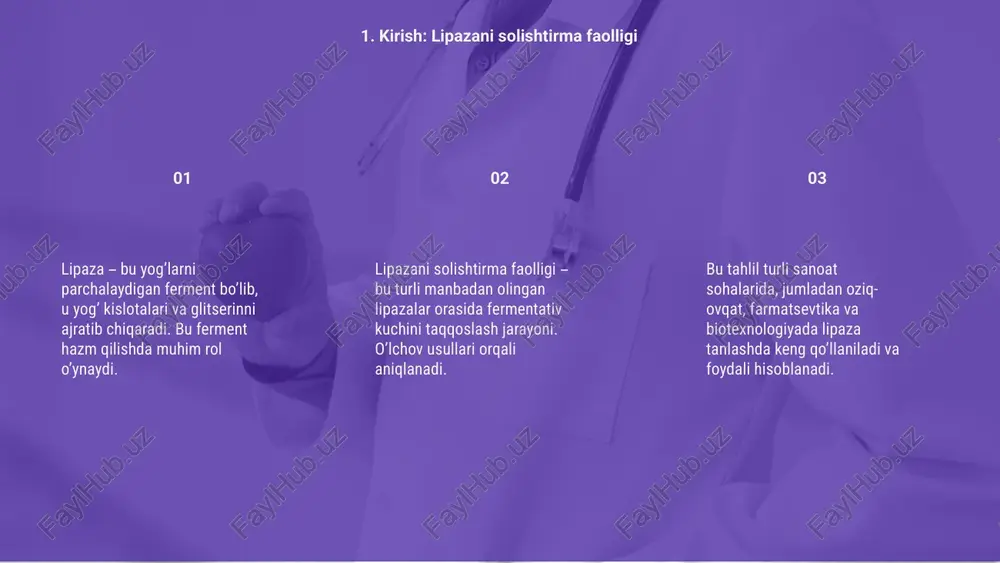 ytiruvchi kimyoviy moddalardir, bu juda muhimdir. ushbu tajribalar davomida ferment va substrat konsentratsiyasi, inhibitor turi va miqdori aniqlab qo‘yiladi. maqsad - inhibitiv ta’sirni aniqlashdir. faollik pasayishi ferment-inhibitor o‘zaro ta’siri orqali aniqlanadi. bu usul ferment kinetikasini o‘rganishda, diagnostika va dori ishlab chiqishda yordam beradi. 8. inhibitorlar va faollik lipazani solishtirma faolligini o‘lchash usuli fermentning faoliyatini baholashda muhim hisoblanadi. bu usulda ferment namunasi standart bilan solishtiriladi. standartlar bilan solishtirish orqali lipazaning aniq faolligi aniqlanadi. bunda tajriba sharoitlari va substrat konsentratsiyasining bir xil bo‘lishi muhimdir. natijalar standart lipaza namunalariga qarshi solishtirilib, taqqoslash jadvallari tuziladi. bu yondashuv ferment sifati va samaradorligini aniq ifodalashga yordam beradi. 27% 27% 46% 9. standartlar bilan solishtirish lipazani solishtirma faolligini o‘lchash laboratoriyada maxsus uskunalar yordamida amalga oshiriladi. bu jarayonda zamonaviy asbob-uskunalardan foydalanish muhim ahamiyatga ega. tajriba oldidan barcha reagentlar, shisha idishlar va o‘lchov asboblari tayyorlanadi. har bir element toza va belgilangan tartibda bo‘lishi kerak. laboratoriya tayyorgarligi vaqtida ishlash qoidalari …