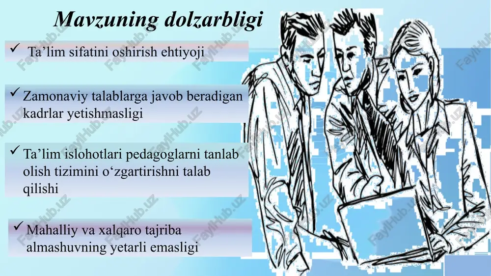 nomzodlarning ilmiy darajalari, pedagogik tajribalari va kasbiy mahoratiga e'tibor beriladi. janubiy koreyada o‘qituvchi bo‘lish uchun o‘qituvchilar sertifikati talab qilinadi. davlat maktablari uchun maxsus imtihon topshirishi kerak. yuqori ball toplagan nomzod mintaqaviy ehtiyojga qarab davlat maktablariga joylanadi. o‘qituvchilar kasbiy rivojlanish va doimiy baholash orqali o‘z malakalarini saqlab turishlari shart. ushbu mamlakatlar o‘rtasidagi ta’lim tizimlari va pedagogik kadrlarni tanlash jarayonlari o‘ziga xos xususiyatlarga ega. ped.kadrlarning amaliy qobiliyatlarini baholash tizimini takomillashtirish zarur. 3 o‘qituvchilarni ishga olishda amaliy testlar yoki pedagogik qobiliyatlarni sinovdan o‘tkazish amaliyoti ko‘p hollarda mavjud emas. yaponiya o‘qituvchilarni tanlash to‘liq davlat nazorati ostida amalga oshiriladi. nomzodlar akademik yutuqlari va pedagogik qobiliyatlari chuqur tahlil qilinadi. o‘zbekiston uchun yaponiyaning tajribalaridan foydalanish va ularni o‘z sharoitlariga moslashtirish ta'lim sifatini oshirishda muhim rol o‘ynashi mumkin.. 4 o‘zbekiston tizimi ko‘proq markazlashgan va davlat boshqaruviga ko‘proq tayanadi italiya tizimi ko‘proq raqobat va ochiqlikka asoslangan. nomzodning bilim va tajribasi ko‘rik tanlov orqali baholanadi. kadrlarni tanlab olishda raqobat va …