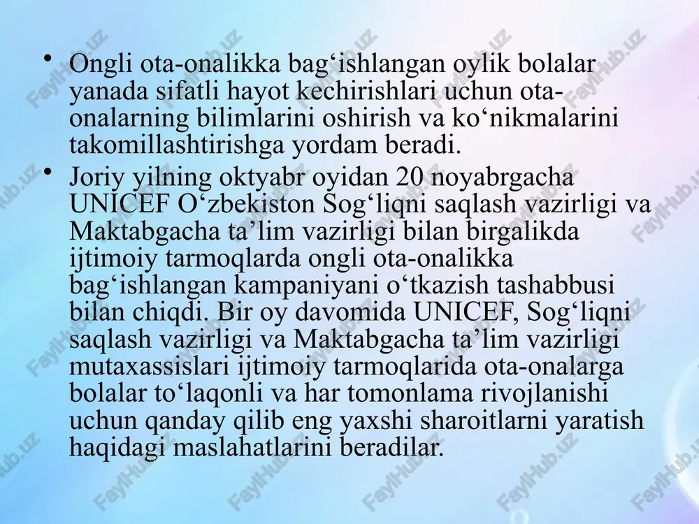 arzda ishtirok etishlarini aniqlashtirish, yaʼni ular balkim, ustachilik qilishni, ovqat tayyorlashni biladilar yoki sanʼatdan mashgʼulot oʼtkazish uchun xonani jihozlashga yordam berishlari mumkin. mahoratli tarbiyachi bir-birlarini maʼnaviy jihatdan qoʼllab- quvvatlashlari uchun ikki nafar otani guruhga yoki yigʼilishga birgalikda kelishga taklif etadi, otalar bir-birlari bilan uchrashishlari va oʼz bolalari toʼgʼrisida fikr almashishlari uchun tadbir tashkil etadi. ota-onalar yigʼilishlari uchun mavzularni tanlashda ularga quyidagi roʼyxat taqdim etilishi mumkin: bolaning oʼsishi va rivojlanishi; qiyin xulq-atvorni qanday tuzatish mumkin; bolaning ovqatlanishi; bolalar kasalliklari; oʼyin orqali oʼrgatish; shaxsiy qadr-qimmat hissini rivojlantirish; nutqni rivojlantirish; oʼyinchoqlarni tanlash va h.k. ota-onalar va mtm mutaxassislari foydalanishi mumkin boʼlgan maʼlumotlarni olish uchun. kuzatish bolalarni, ularning qiziqishlari, yutuqlari, muloqot va oʼzaro aloqa koʼnikmalarini, muammolarini, alohida ehtiyojlarini tushunishni hamda xulosalarning asosliligini taʼminlashga yordam beradi. pedagoglar ota-onalar bilan ishlash jarayonida oilaga bolalar, ularning kuchli va zaif tomonlari, alohida ehtiyojlari haqida koʼproq bilishga koʼmaklashadi. bunday maʼlumot almashuv chinakam hamkorlik muhitini vujudga keltiradi. oilalar bilan hamkorlik …