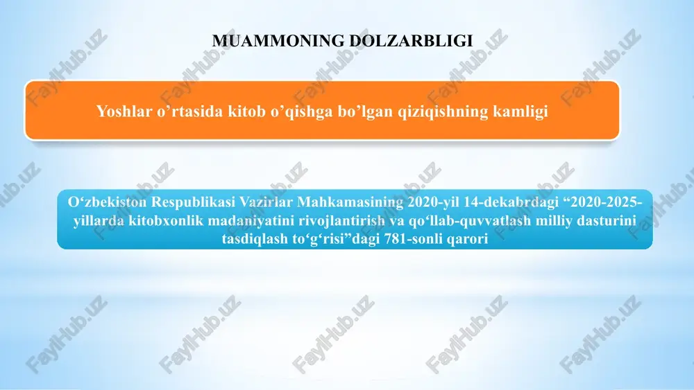 ish ufqlarini kengaytiradi. darslarda kitobni ota-onaga va o’quvchiga oʻqish uchun topshiriq berib, maktabda har juma kuni oʻtkaziladigan maʼnaviyat soatiga ota-onani ham jalb etish va kitob muhokamasini yoʻlga qoʻyish, bunda “ “kitobxon oila”, “kitobxon sinf ” nominatsiyasi boʻyicha har oyda gʻolib sinfni aniqlash va rag’batlantirish, bu nafaqat ularning tushunish va tanqidiy fikrlash qobiliyatini oshiradi, balki maktab o'qish madaniyatida hamjamiyat hissini uyg'otadi. t a k l i f l a r maktabda jonli kitobxonlik madaniyatini saqlab qolish o'qituvchilar, kutubxonachilar va ota-onalarning doimiy yordamini talab qiladi. bunga kitob klublari, mualliflar, ota-onalar tashrif buyurishi va tashabbuslar orqali erishish mumkin. maktabda kitob o'qish madaniyatini qo'llab-quvvatlash e'tiboringiz uchun rahmat! image1.png image2.jpeg image3.jpeg image4.jpeg image5.png image6.png image7.jpeg image8.jpeg image9.png image10.jpeg image11.jpeg image12.jpeg image13.jpeg image14.jpeg image15.jpeg image16.png