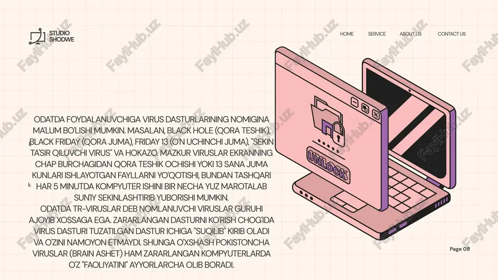 va dastur-faglar (viruslardan davolaydi). ular har bir foydalanuvchida bo'lishi va kompyuter ishga tushirilishidan oldin doimo sinab ko'rilishi kerak. antivirus dastuirlar kompyuterdagi ma'lumotlar va dasturlar ma'lum virus dasturi tomonidan o'chirilib yuborilishi yoki shikastlanishi mumkin. virus-dasturlari dasturchilar tomonidan tajriba uchun yoki yomon niyatlarda yaratilib, asosan ular quyidagi vositalar orqali sizning kompyuteringizga kirishi mumkin: - noma'lum disketadagi ma'lumotlarni o'qish natijasida (hujjat, o'yin va boshqalar); - internet tarmog'idan ba'zi xil dasturlarni yuklash natijasida; - elektron-pochta orqali; - lokal tarmoq orqali; - noqonuniy ko'chirilgan va tarqatilayotgan dasturlardan foydalanish oqibatida; virus dasturlari asosan assembler dasturlash tilida tuziladi va ular salbiy ta'siri bo'yicha bir nechta guruhga bo'linadi: 1. sodda viruslar - operativ xotirani band qilib, kompyuterning ishlashi sekinlashtiradi. 2. maxsus "stels" viruslari, ular joylashishini o'zgartirib turadi va ularni topish ancha murakkab. 3. ma'lumotlarga o'zgartirish kiritadigan viruslar. 4. ma'lumotlarni o'chiradigan viruslar. 5. foydalanuvchining ayrim bir (mahfiy) ma'lumotlarini internet tarmog'i orqali virusni yaratgan shaxsga yuboradigan viruslar. studio shodwe home …
