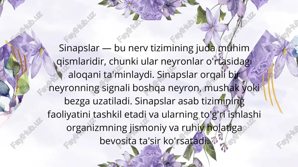 inchiliklarga olib keladi. altsgeymer kasalligi: asetilxolin kabi neyrotransmitterlar miqdori pasayishi xotira va ongni yomonlashtiradi. xulosa sinapslar asab tizimining muhim qismlaridir. ular nerv impulslarining uzatilishini ta'minlaydi va organizmning barcha fiziologik va psixologik jarayonlarini boshqarishda ishtirok etadi. sinapslar orqali neyrotransmitterlar ta'sirida sinapslar faollashib, ma'lumotlarning uzatilishi amalga oshadi. sinapslarning to'g'ri ishlashi hayotiy ahamiyatga ega, shuning uchun ularning buzilishi turli kasalliklarni keltirib chiqarishi mumkin. etiboringiz uchun tashakkur image1.png image2.png image3.png image4.png /docprops/thumbnail.jpeg