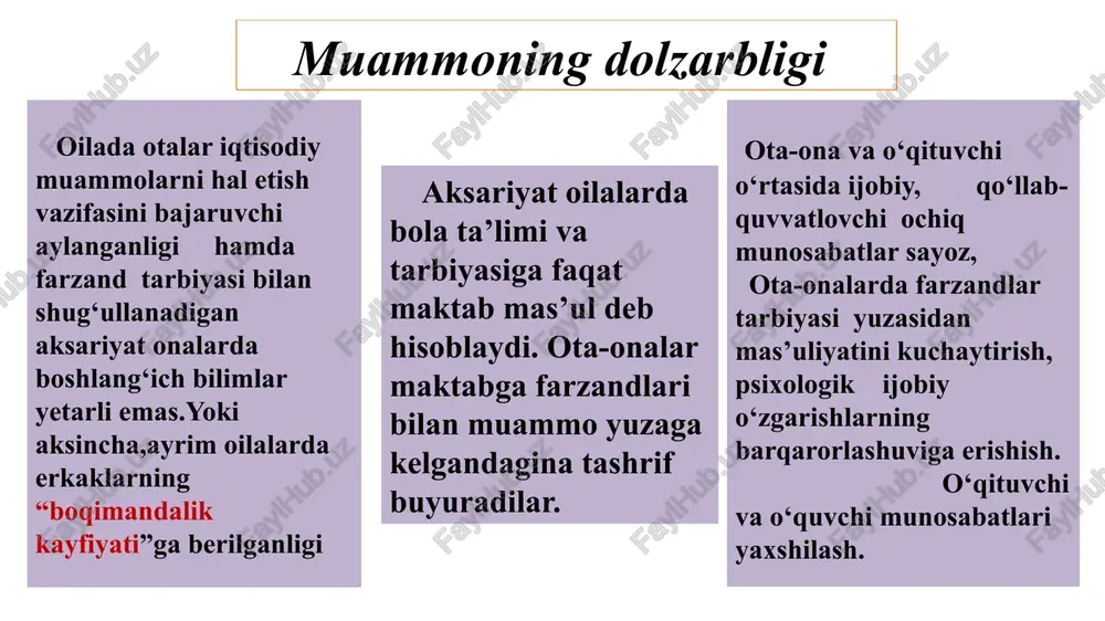 qish jarayonida duch kelayotgan qiyinchiliklar va muvaffaqiyatlar haqida ma’lumot olib, o‘qituvchilar bilan birgalikda muammolarni hal qilishga yordam beradi. ota-onalar va o‘qituvchilar o‘rtasidagi o‘zaro muomala madaniyati ota-onalar va o‘qituvchilar o‘zaro munosabatlarda juda ehtiyotkor bo‘lishi,bir-birini sha’niga, obro’siga puturr yetkazadigan o‘rinsiz hatti harakatlardan tiyilishi bolalar ota-onalarga berilgan bir omonatdir,ular qalbi turli naqshinkor bo‘yoqlardan xoli qimmatbaho gavhardir,u qanday naqsh solinsa qabul qiladi, agar yaxshilk urug‘ini eksang,dunyo-yu oxiratda savob oladi.uning savobiga ota-onasi ham, ustoz mallimlari ham sherik bo‘ladi.agar o‘z holiga tashlab qo‘yilsa halok bo‘ladi, gunohi esa uning tarbiyasi uchun javobgar bo‘lganlarning gardaniga tushadi (gazzoliy) maktab tadbirlarida ota-onalarning ishtiroki maktabda o‘tkaziladigan tadbirlarda ota-onalarning faol ishtiroki hamkorlikni kuchaytiradi va maktab jamoasini birlashtiradi. masalan, maktabda sport musobaqalari, madaniy tadbirlar, fan olimpiadalari kabi tadbirlar o‘tkaziladi,lota-onalar ham faol ishtirok etib, o‘z farzandlarini qo‘llab-quvvatlaydi. bu esa o‘quvchilarning motivatsiyasini oshiradi va ular orasida raqobat ruhini shakllantiradi.ota-onalar, o‘qituvchilar va maktab ma’muriyati o‘rtasida samarali hamkorlik o‘rnatilgan taqdirda, ta’lim sifati oshadi va o‘quvchilarning bilim darajasi …