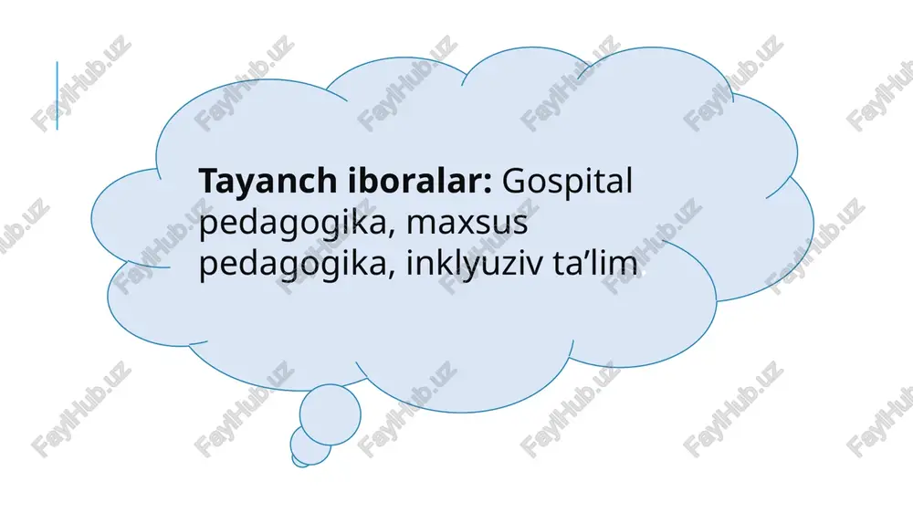 batan ta'lim faoliyati shifoxona o'qituvchisi - uzoq muddatli davolanayotgan bolalar bilan ishlash bo'yicha maxsus tayyorgarlikdan o'tgan pedagogik ma'lumotga ega mutaxassis tomonidan amalga oshiriladi. kasalxona o'qituvchisi o'z ishida oddiy maktabda qo'llaniladigan an'anaviy usullardan sezilarli darajada farq qiladigan usul va vositalardan foydalanadi. ushbu yondashuvning asosiy o'ziga xos xususiyatlari: 1. har bir bolaning individual ta'lim ehtiyojlarini hisobga olish zarurati, unga muvofiq har bir bola uchun individual ta'lim yo'nalishlari va individual ta'lim dasturlari ishlab chiqiladi; 2. masofaviy o'qitish vositalari va usullariga talabning yuqori darajasi, ayniqsa aseptik izolyatsiya bo'limida davolanayotgan bolaga nisbatan ta'lim faoliyati amalga oshirilganda; 3. kichik guruhlarda (shu jumladan turli darajadagi va yoshdagilar) yoki har bir bola bilan individual ishlash; 4. kundalik pedagogik amaliyotda o'rganish uchun motivatsiyani saqlab qolish, aqliy faoliyatni tiklash, uzoq vaqt kasal bolaning muloqot qilish va ijtimoiylashuv qobiliyatini rivojlantirishga qaratilgan o'yin shakllari va ijodiy vazifalardan faol foydalanish. kasalxona o'qituvchilari shifokorlarning bolaning sog'lig'ining hozirgi holati, uning reabilitatsiya potentsiali, kasallik va davolash …