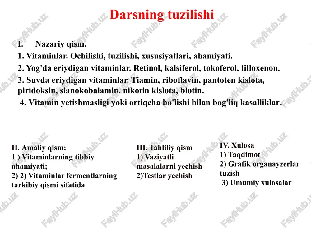 a nurlar ta’sirida tanada osongina sintezlanadi. oziq-ovqat bilan ham tanaga kirishi mumkin. kalsiferollar fosfor va kalsiyni o’zlashtirish jarayonini uzluksiz ta'minlash uchun zarurdir. tokoferol (e vitamini). antioksidant. inson immuniteti ishiga foydali ta'sir ko'rsatadi va ko'payish jarayonlarida ishtirok etadi. e vitamini hujayralar yangilanishini, asab tizimini yaxshi ishlashi uchun organizmga yordam beradi, reproduktiv salomatlik uchun javob beradi. filloxinon (k vitamini). uning ishtirokida tanada oqsillar sintezi va metabolizm kechadi. shuningdek, u o'pka, buyrak va yurakning normal ishlashini ta'minlaydi. uning asosiy vazifasi tanamiz tomonidan kalsiyning to'liq so'rilishini ta'minlashdir. k vitamini "antigemorragik vitamin yoki koagulyatsiya vitamini“deyiladi. k k qon ivishini ta'minlaydi, osteoporozning oldini oladi boy mahsulotlar: ko'katlar, yashil pomidor, qora non, karam, ismaloq, filloxinon k vitamini qon ivishini tartibga solishda muhim rol o'ynaydi; suyak to'qimasini shakllantirish va mineralizatsiyasini rag'batlantiradi; osteoporozning oldini olishga yordam beradi; yumshoq to'qimalarning kalsilashuviga xalaqit beradi. k vitamini jigarda qon ivish omillarini (protrombin, prokonvertin va boshqalar) shakllanishi uchun zarurdir. b1 moddalar almashinuvida ishtirok …