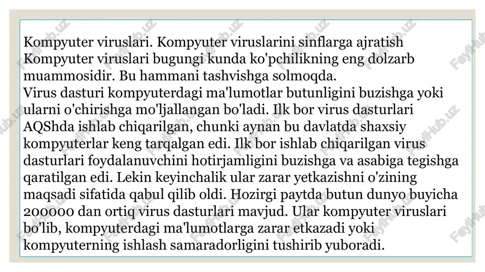 blokirovkasi, bulutli zaxira xizmati yoki yo’qolgan telefonning joylashuvi. antivirus, shubhasiz, ham kompyuterlar, ham smartfonlar uchun ajralmas hisoblanadi. hech bo’lmaganda bunday dasturiy ta’minotning asosiy versiyasi u erda bo’lishi kerak. xavfsizlik dasturini o’z vaqtida o’rnatish juda muhim, agar buni kech qilsangiz, antivirus nimani bloklayotganini bilib olmasligingiz mumkin. hozirgi vaqtda viruslarni yo'qotish uchun ko'pgina usullar ishlab chiqilgan va bu usullar bilan ishlaydigan dasturlarni antiviruslar deb atashadi. antiviruslarni, qo'llanish usuliga ko'ra, quyidagilarga ajratishimiz mumkin: detektorlar, faglar, vaktsinalar, privivkalar, revizorlar. detektorlar — virusning signaturasi (virusga taalluqli baytlar ketma-ketligi) bo'yicha tezkor xotira va fayllarni ko'rish natijasida ma'lum viruslarni topadi va xabar beradi. yangi viruslarni aniqlab olmasligi detektorlarning kamchiligi hisoblanadi. faglar — yoki doktorlar, detektorlarga xos bo'lgan ishni bajargan holda zararlangan fayldan viruslarni chiqarib tashlaydi va faylni oldingi holatiga qaytaradi(kaspersky antivirus, norton antivirus, doctor web, panda). vaktsinalar — yuqoridagilardan farqli ravishda himoyalanayotgan dasturga o'rnatiladi. natijada dastur zararlangan deb hisoblanib, virus tomonidan o'zgartirilmaydi. faqatgina ma'lum viruslarga nisbatan vaqtincha …