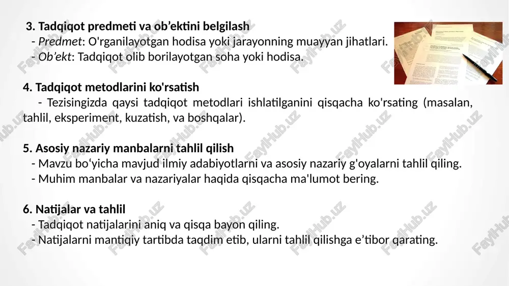 ta’minlaydi. 7. tekshirish va tahrir qilish - yozilgan maqolani bir necha marta qayta o'qib, tahrir qiling. grammatik xatolarni, uslubiy noaniqliklarni va mavzuga oid kamchiliklarni tuzating. - o'quvchiga aniq va tushunarli bo'lishini ta’minlash uchun izchil va ravon tarzda yozishni unutmang. bu tartibga rioya qilganingizda, maqolangiz mazmunli va ilmiy jihatdan sifatli bo'ladi. maqola va tezis ilmiy tadqiqotlar, bilimlarni o'rtoqlashish va o'qitish jarayonida muhim vositalar hisoblanadi. quyida maqola va tezislarning nima uchun kerakligi batafsil tushuntirilgan: 1. ilmiy bilimni tarqatish va rivojlantirish - maqola: ilmiy maqola orqali tadqiqotchilar o'z tadqiqot natijalarini keng jamoatchilik va ilmiy hamjamiyat bilan baham ko'rishadi. bu orqali boshqa mutaxassislar yangi bilim va ma’lumotlarga ega bo'ladi, ilm-fanni yanada rivojlantirishga hissa qo'shadi. - tezis: tezisda esa tadqiqotning qisqacha mazmuni, asosiy g'oya va natijalari aniq bayon etiladi. bu o'quvchiga tadqiqotning umumiy mohiyatini tushunishga yordam beradi, ilmiy konferensiya yoki tadbirlarda tezkor tahlil uchun imkon beradi. 2. o'zaro tajriba almashish - maqola: tadqiqotchilar va mutaxassislar …