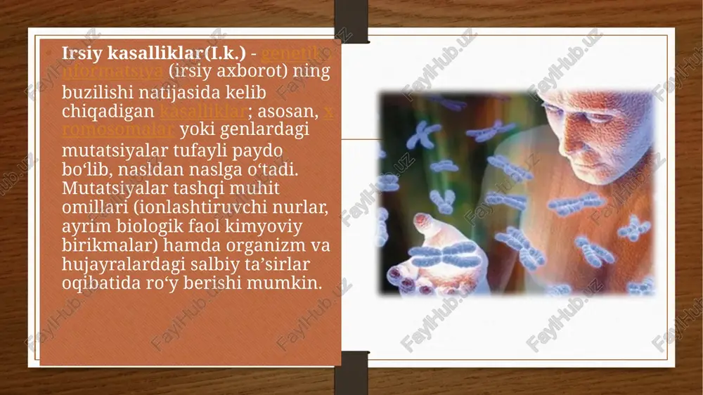 kasallik, asosan, oʻgʻil bolalarda uchraydi. bunda bolalar deyarli soglom tugʻiladi, lekin 3—4 oyligidayoq yuqumli kasalliklarga beriluvchanligi aniqlanadi. qonga aloqador i. k. ga chaqaloklarning gemolitik kasalligi kiradi. bu, asosan, ona va bola qonidagi rezus-omil hamda er-xotin qon guruxlarining mos kelmasligi oqibatida roʻy beradi. oq qon tanachalari — leykotsitlar patologiyasi bilan bogʻliq i. k. ham boʻlishi mumkin. mas, leykoz (oq qon kasalligi)ning vujudga kelishida gen mutatsiyalarining ahamiyati borligi maʼlum. gemofiliya ham kon sistema-sining irsiy kasalligi boʻlib, bunda, asosan, qonning ivish xususiyati pasayadi; kon ivishida ishtirok etadigan ayrim oqsillar sintezi buziladi. irsiy kasalliklar to'plami deb ataladi naslga, ya'ni ota-onadan bolalarga, genlarni yuqtirish orqali yuqish xususiyatiga ega bo'lgan kasalliklar va kasalliklar. ularni keltirib chiqaradi. shunday qilib, bu xromosoma, mitoxondrial yoki mendeliya darajasida paydo bo'ladigan va ota-bobolarimizdan kelib chiqqan genetik mutatsiyalar mavjud bo'lgan kasalliklardir. ota-onalardan biri uchun paydo bo'ladigan meros turiga qarab buzilish yoki kasallikni namoyon qilishi har doim ham zarur emas: ehtimol u kasallikning …