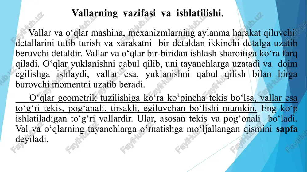 sil qilingach, uning mustaxkamligi tekshirib ko‘riladi. buni ikki xil usul bilan amalga oshirish mumkin: a) ruxsat etilgan kuchlanishlar xamda keltirilgan moment bo‘yicha tekshirish usuli b) xavfli kesimdagi kuchlanishlar konsentratsiyasini e’tiborga oluvchi va ehtiyot koeffitsienti topish asosida tekshirish usuli (aniq usul). agar valning mustahkamligini tekshirish qoniqarli natijani bermasa, uning tuzilishiga zarur o‘zgarishlar kiritilib, mustahkamligi qayta hisoblanadi. vallarning mustaxkamligini xisoblashning nisbatan aniq usuli. bu usulning taqribiy usuldan asosiy farqi shuki, bu usul bilan hisoblashda ta’sir etuvchi momentlardan tashqari, xavfli kesimlardagi kuchlanishlar konsentratsiyasi, valning geometrik o‘lchamlari xamda sirt tozalilining kuchlanishlar qiymatiga ta’siri e’tiborga olinadi. bu usulga ko‘ra, valning xavfli kesimi uchun ehtiyot koeffitsienti aniqlanib, ruxsat etilgan qiymati bilan solishtiriladi valga o‘rnatilgan (tishli va chervyakli gildiraklar, shkiv mufta va shunga uxshash) detallar ta’sirida xosil bo‘ladigan radial va o‘q buylab zo‘riqishlar va tayanch reaksiyalari, shuningdek kuchlar quyilgan teksiliklar orasidagi masofani ko‘rsatuvchi o‘q bo‘ylab o‘lchamlar valning aniqlashtirilgan xisobini bajarishda birlamchi ma’lumotlar xisoblanadi. valga o‘rnatilgan detallarga ta’sir …