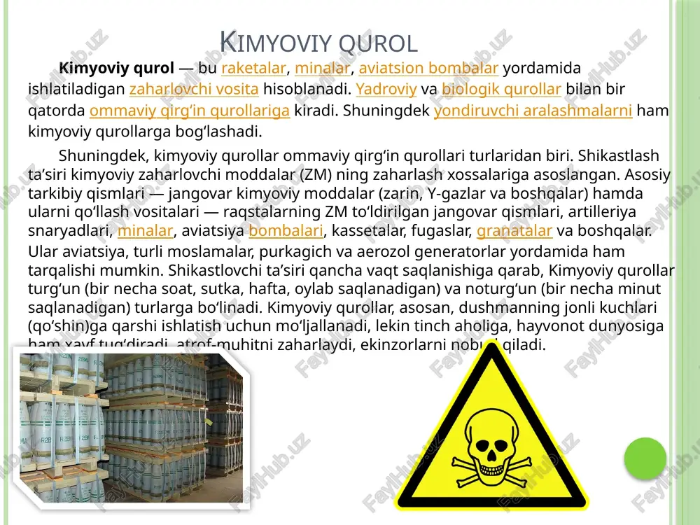 boʻlgan zarb toʻlqinidan iborat. bu zarb toʻlqinlari kemalarning suv osti qismlarini va turli gidrotexnika inshootlarini shikastlantiradi. kimyoviy qurol kimyoviy qurol — bu raketalar, minalar, aviatsion bombalar yordamida ishlatiladigan zaharlovchi vosita hisoblanadi. yadroviy va biologik qurollar bilan bir qatorda ommaviy qirgʻin qurollariga kiradi. shuningdek yondiruvchi aralashmalarni ham kimyoviy qurollarga bogʻlashadi. shuningdek, kimyoviy qurollar ommaviy qirgʻin qurollari turlaridan biri. shikastlash taʼsiri kimyoviy zaharlovchi moddalar (zm) ning zaharlash xossalariga asoslangan. asosiy tarkibiy qismlari — jangovar kimyoviy moddalar (zarin, y-gazlar va boshqalar) hamda ularni qoʻllash vositalari — raqstalarning zm toʻldirilgan jangovar qismlari, artilleriya snaryadlari, minalar, aviatsiya bombalari, kassetalar, fugaslar, granatalar va boshqalar. ular aviatsiya, turli moslamalar, purkagich va aerozol generatorlar yordamida ham tarqalishi mumkin. shikastlovchi taʼsiri qancha vaqt saqlanishiga qarab, kimyoviy qurollar turgʻun (bir necha soat, sutka, hafta, oylab saqlanadigan) va noturgʻun (bir necha minut saqlanadigan) turlarga boʻlinadi. kimyoviy qurollar, asosan, dushmanning jonli kuchlari (qoʻshin)ga qarshi ishlatish uchun moʻljallanadi, lekin tinch aholiga, hayvonot dunyosiga …