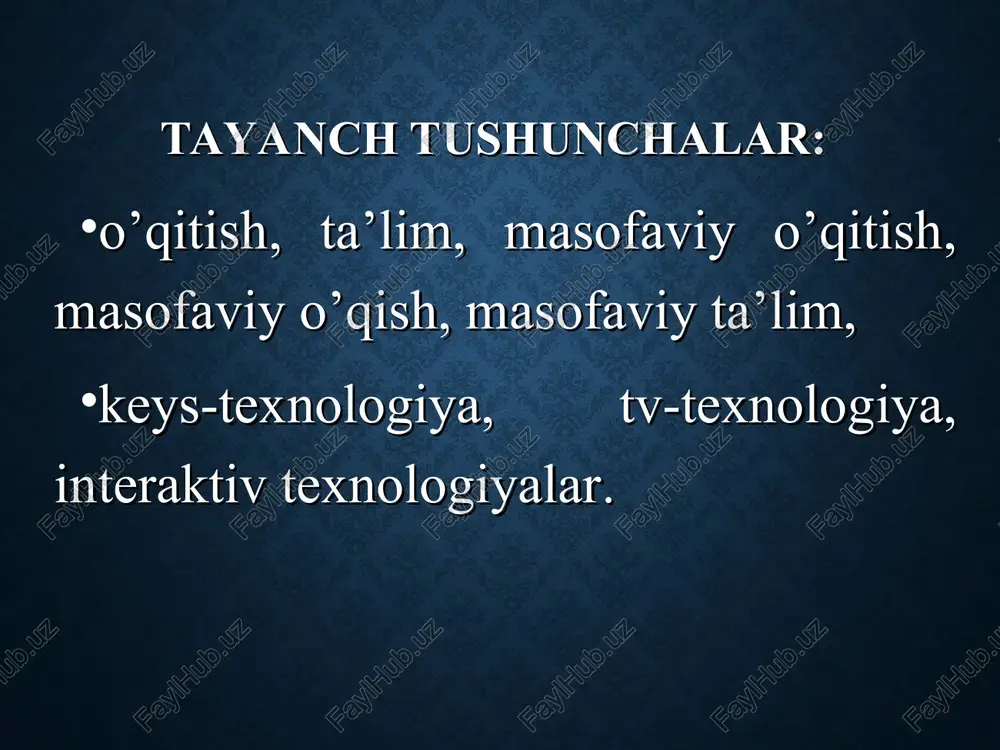 un masofaviy ta’lim kerak bo’lib qoldi? 1. ta’lim olishda yangi imkoniyatlar (ta’lim olishning vaqt va joyga bog’liqmasligi va boshqalar). 2. ta’lim maskanlariga talaba qabul qilish sonining cheklanganligi. 3. ta’lim olishni xohlovchilar sonining oshishi. 4. sifatli axborot texnologiyalarining paydo bo’lishi va rivojlanishi. 5. xalqaro integratsiyaning kuchayishi. masofaviy ta’lim an’anaviy ta’lim turidan quyidagi xarakterli xususiyatlari bilan farqlanadi moslashuvchanlik - ta’lim oluvchiga o’ziga qulay vaqt, joy va tezlikda ta’lim olish imkoniyati mavjudligi. modullilik - bir biriga bog’liq bo’lmagan mustaqil o’quv kurslari to’plamidan - modullardan individual yoki guruh talabiga mos o’quv rejasini to’zish imkoniyati mavjudligi. parallellik - o’quv faoliyatini ish faoliyati bilan birga parellel ravishda, ya’ni ishlab chiqarishdan ajralmagan holda olib borish imkoniyati mavjudligi. keng qamrovlilik - ko’p sonli o’quvchilarning bir vaqtning o’zida katta o’quv (elektron kutubxona, ma’lumotlar va bilimlar bazasi va boshqalar) zahiralariga murojaat qila olishi. bu ko’p sonli o’quvchilarning kommunikatsiya vositalari yordamida o’zaro va o’qituvchi bilan muloqotda bo’lish imkoniyati. iqtisodiy tejamkorlik - …