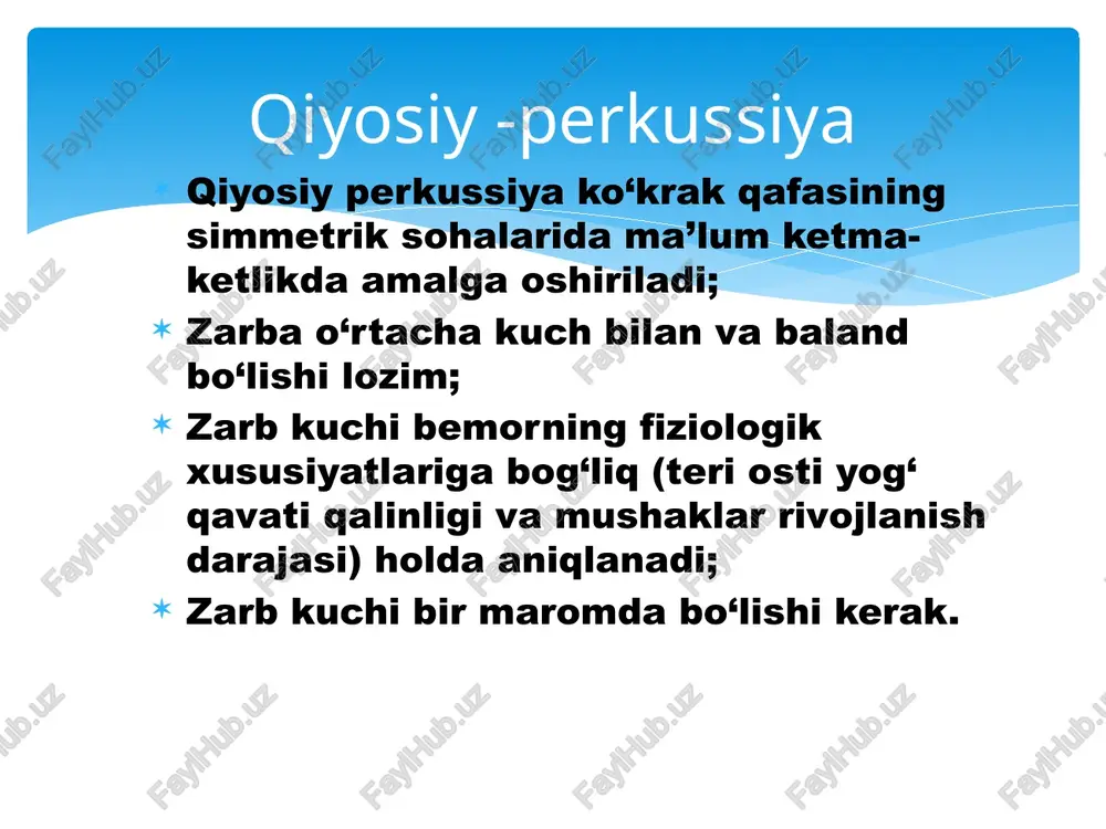 ‘pka faoliyatini to‘xtashi (plevra bo‘shlig‘ida suyuqlik yoki havo mavjudligi, diafragmaning bir tomonlama falaji). o‘pka chegaralarini ikki tomonlama pastga tushishi sabablari: o‘pkada havo miqdorini ortishi (emfizema); qorin mushaklari tarangligini susayishi; qorin bo‘shlig‘i a’zolarini pastga siljishi o‘pkalarning quyi chegarasi holati o‘pka, plevra, diafragma, qorin bo‘shlig‘i a’zolarida rivojlangan patologik jarayonlarda o‘zgarishi mumkin. o‘pka chegaralarini ikki tomonlama yuqoriga siljishi sabablari: qorin bo‘shlig‘ida suyuqlik to‘planishi; qorin dam bo‘lishi; qorin bo‘shlig‘ida havo mavjudligi (oshqozon yoki o‘n ikki barmoqli ichak yarasi teshilishi). o‘pka chegarasini bir tomonlama yuqoriga siljishi sabablari: pnevmoskleroz; atelektaz; quyi bo‘lak bronxining o‘sma bilan to‘silishi; plevra bo‘shlig‘ida suyuqlik yoki havo to‘planishi; jigar va taloqning keskin kattalashishi. o’pkalarning quyi chegaralarining patologik holatlari auskultatsiyadan maqsad, u yoki bu a’zolar faoliyati mobaynida organizmda bo‘luvchi tovushni eshitishdan iborat bo‘lib, unga asoslangan holda sog‘liq yoki patologik tovushlarni aniqlash. sog‘lom odamda me’yorida ikki asosiy nafas shovqinlari eshitiladi. bronxial nafas (laringotraxeal) – hiqildoq, traxeya va uning bifurkatsiyasi sathida eshitiladi; vezikulyar nafas – …