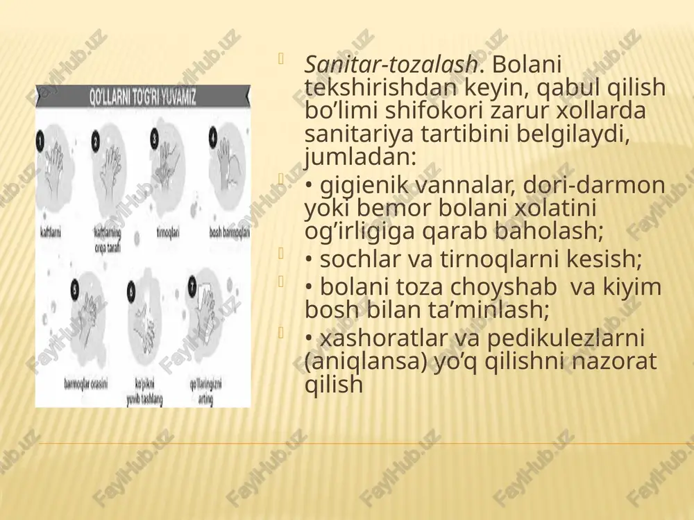 ir xidli oq kukunidir. quruq, nurli idishlardan saqlanadigan joyda saqlash lozim.ular bemorni bo’shatish uchun dezinfekstiya qilish uchun quruq shaklda qo’llaniladi. ko’pincha, sayqallash uchun eritma ishlatilinadi. xlor tarkibli aralashma, bir qopqoq bilan yog’och, emal, chinni yoki korroziyaga ximoyalangan metall idishda tayyorlanadi. 10% va 20% eritmalar ishlatilinadi. xlorli oxakning kerak miqdorini oz miqdordagi suv bilan aralashtirib,yana aralashtirishni davom ettirib, bir xil xolatga kelguncha qoldirib 24 soat davomida qoldiriladi.birinchi 4 soat davomida 3 vartadan kop aralashtirish lozim.24 soatdan song aralashtirmasdan aralashma tokib tashlanadi. dezinfekstiya uchun 0,2-1% aralashma ishlatilinadi(10l ga 10% li 200-1000ml aralashma kerak). dezinfeksiyalovchi eritmalar 2. xloramin b (natriy n-xlorbenzolsulfonamid) - oq kristal kukun 25-29% faol xlordan tashkil topgan. dezinfekstiya uchun xloraminning 0,2-4% eritmadan foydalaniladi. kichik miqdorda issiq suvda (50-60 ° s) kukun bilan aralashtirib, chloramine bning 1% eritma tayyorlanadi, keyin suv bilan kerakli xajmga olib kelinadi. 10 litr suv uchun 0,1 kg xloramin kerak. tayyorlangan eritmaning saqlash muddati 5 kundan ortiq …
