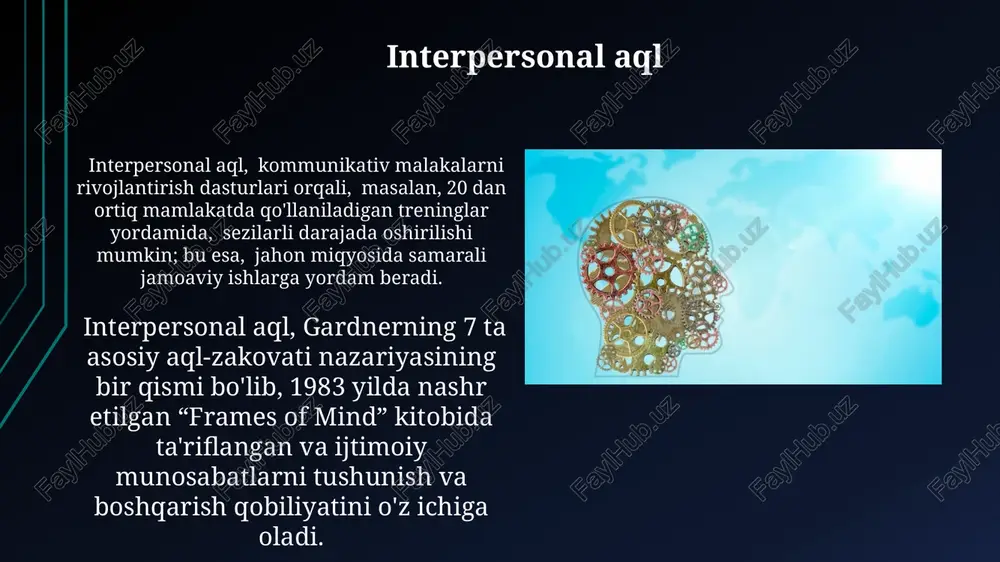 uchli aql turi mavjudligini va ta’limning shaxsning individual aql profillariga moslashtirilishi kerakligini ta’kidlaydi, bu esa o'quv muassasalarida 100 dan ortiq usullarni qo'llashga imkon beradi. kettelning suyuq va qattiq aql nazariyasi kattellning suyuq va qattiq aql nazariyasi, 1963-yilda aqshda taklif qilingan bo'lib, inson aqlini ikki asosiy omilga: suyuq (gf) va qattiq (gc) aqlga ajratadi. suyuq aql (gf) – bu muammolarni echish, yangi vaziyatlarga moslashish qobiliyatini ifodalaydi va yoshga bog'liq ravishda o'zgaradi, masalan, 20 yoshgacha yuqori bo'ladi. qattiq aql kettelning "qattiq aql" (kristallizatsion intellekt) nazariyasi bo'yicha, 20 yoshdagi shaxsning bilim va tajriba miqdori 50 yoshdagi shaxsga nisbatan ancha past bo'ladi, ammo bu qobiliyatlarning rivojlanishi bilan to'ldiriladi. "qattiq aql" bilan bog'liq bilimlarni saqlash va chaqirib olish qobiliyatlari 7+2 qoidasi yordamida yaxshilanadi, ya'ni ma'lumotlarni 7 ta bo'lakka ajratib, ularni 2 ta takrorlash orqali eslab qolish mumkin. xulosa gardnerning 7, keyinchalik 9 gacha kengaytirilgan ko'p qirrali intellekt nazariyasi, 1983 yilda aqshda nashr etilgan kitobida tasvirlangan …