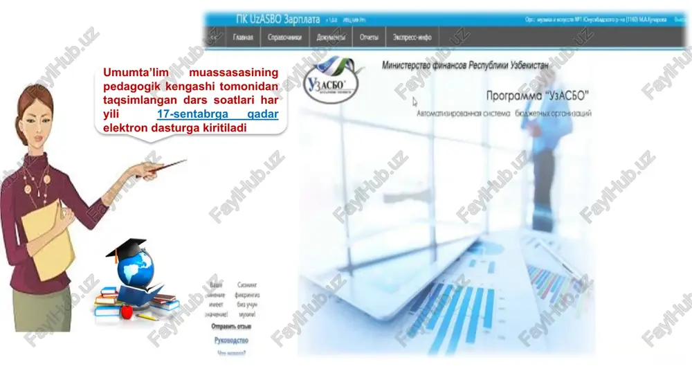 nish imkoniyatini yaratib beruvchi dastur elektron dastur 02 o‘qituvchiga biriktirilgan dars soatlari asosida bir stavka uchun belgilangan bazaviy ta’rif stavkadan kelib chiqib aniqlanadigan miqdor o‘qituvchining tarif stavkasi 04 tayanch o‘quv reja asosida umumta’lim muassasasining sinflar soni, sinf komplektidagi o‘quvchilar soni va tegishli mutaxasisslik bo‘yicha o‘qituvchilar mavjudligini inobatga olgan holda barcha fanlar bo‘yicha shakllantiriladigan jami dars soatlari dars soatlari setkasi 11 01 bir stavka dars soati uchun o‘qituvchining ma’lumoti va malaka toifasiga ko‘ra belgilangan bazaviy haq miqdori bazaviy tarif stavkasi 03 o‘quvchilarni belgilangan me’yorlar asosida bitta sinfga jamlash sinf komplekti o‘quvchilar soni 8 nafargacha bo‘lgan i—iv sinflar 1 2 3 o‘quvchilar soni 12 nafargacha bo‘lgan uchta boshlang‘ich sinf o‘quvchilar soni 24 nafargacha bo‘lgan ikkita boshlang‘ich sinf (i va iii, ii va iv sinflar) kam komplektli umumta’lim muassasalarida (filiallarda) boshlangich sinf o‘quvchilari quyidagi hollarda bitta sinfga birlaishtirilishi mumkin: 12 12 a shahar hududi va tuman markazlarida 25-35 nafargacha b shahar hududi va …