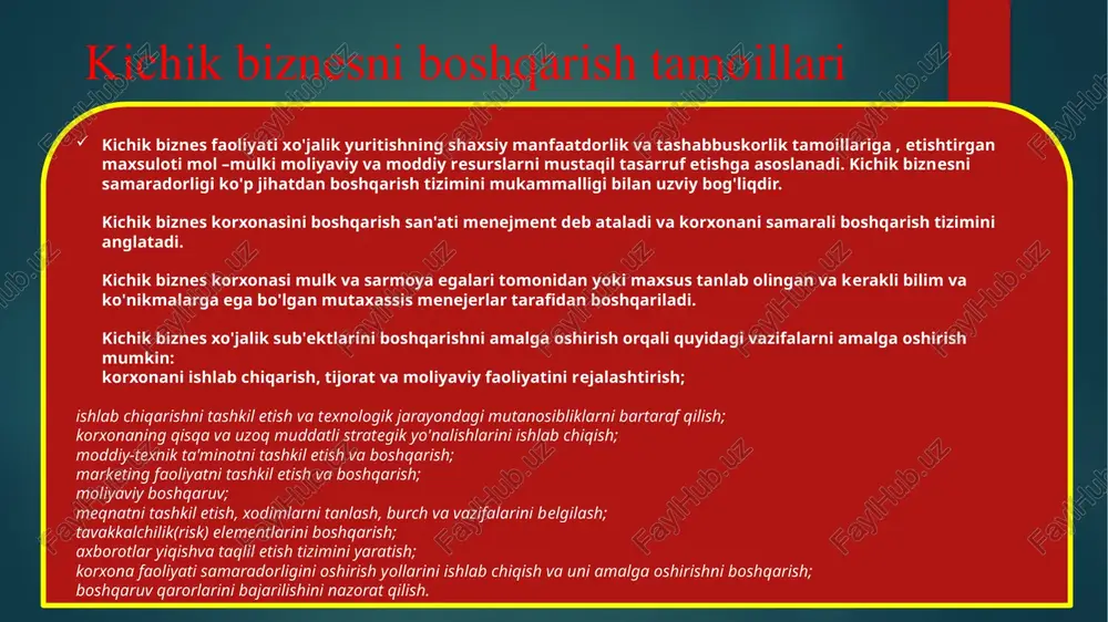 saltirish yotadi. 9. shaxsiy tashabbuskorlik bozor iqtisodiyoti tadbirkor, shaxsiy manfaati yulida tashabbuskorlik bilan xarakat qiluvchi, omilkor shaxslarni rag‘batlantiradi. 8. rejaliliq bozor iqtisodiyoti sharoitida ishlab chikarishni rejali boshqarish iqtisodiy samaradorlikni ta'minlashning muhim shartidir. bu tamoyil ishlab chiqarish rivojlanishining qisqa va uzoq muddatlarga mo‘ljallangan y o‘nalishlari, sur'atlari va nisbatlarini belgilashni ifodalaydi. kichik biznesni boshqarishni oziga xos xususiyatlari korxona faoliyatini boshqarish jarayoniga tashqi va ichki omillar ta'sir korsatadi. ichki omillarga korxonaning kata -kichikligi , resurslar miqdori va uni taqsimlanishi, texnologik darajasi, mehnatni tashkil etish usullari, baho siyosati va boshqalar kiradi. tashqi omillar korxonadan tashqaridagi muhit ta'sirida vujudga keladi. ular qatoriga bozor kon'yunkturasi va raqobat muhiti, mol etkazib beruvchi va iste'molchilarning xatti-harakatlari, tabiiy-iqlimiy shart-sharoitlar, siyosiy va ijtimoiy omillar, huquqiy-me'yoriy baza va davlat boshqaruvi kabi omillar kiradi. boshqaruvga ta'sir etuvchi ichki va tashqi omillar korxonaning ishlab chiqarish, tijorat, moliyaviy va boshqa faoliyati natijalariga jiddiy ta'sir korsatishi sababli, boshqaruv karorlarini qabul qilishda har bir omilni hisobga …