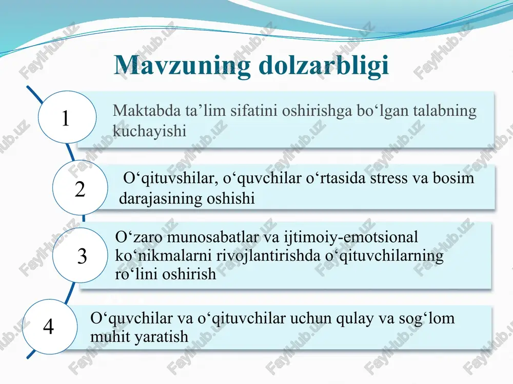 slubi ko‘proq avtoritar. yaponiyada o‘qituvchilar o‘z fikrlarini erkin ifoda etishlari mumkin va rahbarlar ko‘pincha xodimlarning fikrlarini inobatga oladi. maktab raxbarlari tinglash, tushunish, qabul qilish, qo‘llash va motivatsiya berish taktikasini o‘zida mujassam etishi shart. 2 ta‘lim tizimida ko‘proq nazorat qilish o‘qituvchiga qaratilgan. oquvchilarnig oqimasligi darslarga qiziqmasligiga maktab psixoligi va ota onasining tasiri sezilmasligi. koreyada muvaffaqiyatga erishish uchun qattiq mehnat qilish zarurligi jamiyatda keng qabul qilingan tushunchadir. maktab psixologlari o‘zlashtirishi qiyin bolgan o‘quvchilarga psixologik yordam berish. ota-onalarni ta’lim jarayonida faol ishtirok etishini ta’minlash 3 maktab psixologlarining kasbiy malakasi yetishmasligi. aqshda ta’lim tizimida innovatsion yondashuvlar ko‘proq qo‘llaniladi. maktab psixologlarining kasbiy malakasi oshirish va o‘quvchilarga innovatsion yondashuvlar asosida faoliyat yuritish takliflar maktabda o‘zaro ishonchli adolatlili va qo‘llab-quvvatlovchi munosabatni shakllantirish. maktabga malakali, mutaxasis psixolog kadrlarni ishga qabul qilish. o‘qituvchilarning psixologik bilim va ko‘nikmalarining tizimli oshirib borish. ota-onalarni ta’lim olish jarayonida faol ishtirok etishini taminlash. t/r muammo muammoning yechimi mas’ullar muddat natija 1 joylarda sog‘lom mihit …