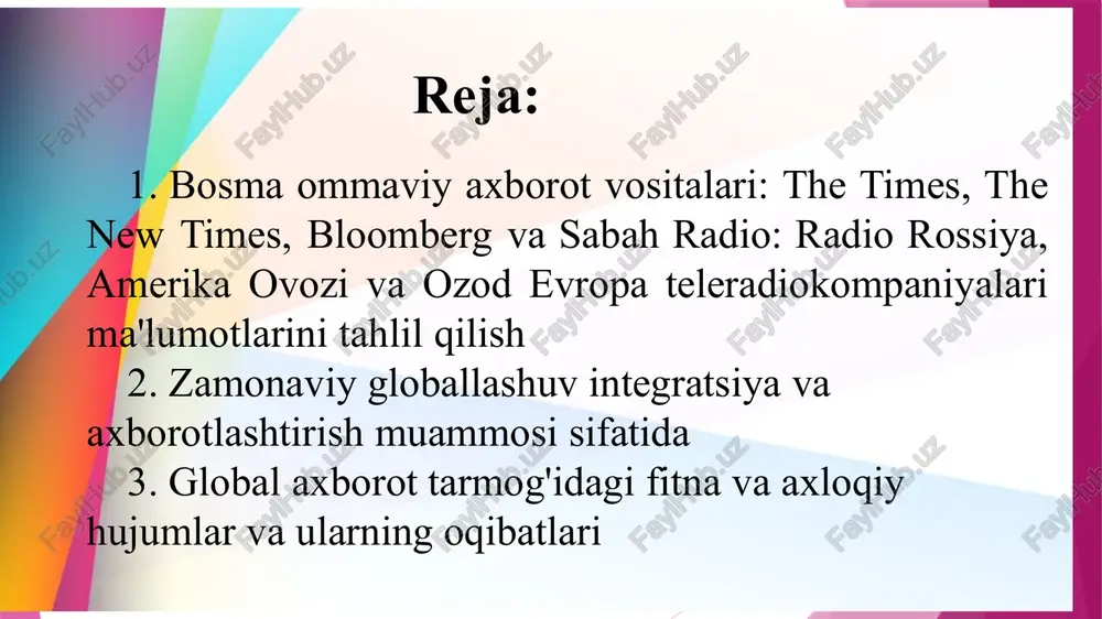 birinchi marta 1942- yil 24-fevralda efirga chiqdi. "biz amerika va urush haqida gaplashamiz, yangiliklar yaxshi yoki yomon bo'lishi mumkin - biz sizga haqiqatni aytamiz", dedi radiostantsiya shu so'zlar bilan eshittirishni boshladi. "amerika ovozi" gebbels targ'ibot mashinasiga qarshi og'irlik sifatida yaratilgan. 2008-yil 27-iyulda “amerika ovozi”ning rus xizmati efirini toʻxtatdi va butunlay internetga oʻtdi. globallashuv jarayonining o‘zbekiston oavga ko‘rsatayotgan eng jiddiy salbiy ta’sirlaridan biri bu respublika oavning faqatgina iste’molchiga aylanib qolayotganidadir. misol uchun, o‘zbekiston televideniesining butun mamlakat bo‘ylab efirga tarqaluvchi to‘rtta kanali: o‘ztv1 — “o‘zbekiston” telekanali, tv2 — “yoshlar” telekanali va tv4 — “sport” telekanali hamda tv3 — “toshkent” telekanalining 2004 yil 1 yanvardan 30-iyungacha bo‘lgan ko‘rsatuvlari tahlili shuni ko‘rsatmoqdaki, o‘ztvning to‘rtta kanallari ichida faqatgina o‘ztv1 “o‘zbekiston” chiqishlarining aksariyatini ushbu kanalning o‘zi tayyorlagan ko‘rsatuvlar tashkil etadi. ya’ni, 6 oylik davrda ushbu kanalning umumiy efir vaqti 2938 soat bo‘lsa, shundan 2304,32 soatini, ya’ni 78,4% ko‘rsatuvlari o‘z mahsulotlarining efir vaqtiga to‘g‘ri keladi. bu ko‘rsatgich …
