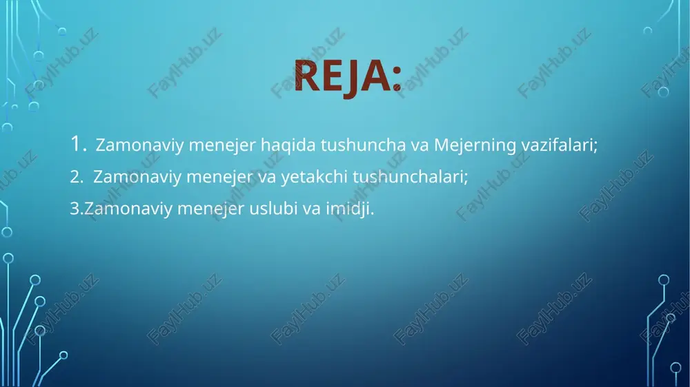 ejmentga bag’ishlangan ilmiy asarlarda ko’pincha o’ta talantli menejer sifatida amerikalik li yakkoka nomini keltirishadi. uni «biznesdan chiqqan super qahramon» deb ham atashadi. li yakkoka 1980 yillarda xalqaro avtomobil kontserni bo’lgan «kraysler»ni inqiroz halokatidan qutqarib qoldi. u ishlab chiqarish marketingining novatori nomini oldi. shuni ham qayd qilish lozimki, u o’sha vaqtdagi boshqaruvning an’anaviy tavsiyalariga deyarli e’tibor bermadi balki, iqtidorli menejer-tadbirkor, tadbirkor sifatida samarali menejmentning tavsiflarini, boshqa so’z bilan ta’riflaganda menejmentning falsafasini shakllantirdi. zamonaviy menejer zamonaviy menejer va yetakchi tushunchalari menejer va yetakchi haqida so’z yuritar ekanmiz,albatta,birinchi navbatda ularning bir birlaridan farqlarini aytib o’tish maqsadga muvofiqdir. menejer birinchinavbatda buyruq beradi, aniq hisob kitob qilingan narsalarga tayanib ish faoliyatini boshqaradi. menejerlar ish faoliyatida qo’l ostidagi xodimlarni ishontira olishi, qat’iy va aniq qarorlarni qabul qilishi, shu bilan birgalikda xodimlarni nazorat qilishi ham ularni bilan aloqani meyorda saqlash o’ta muhim ahamiyatga egadir. menejer aniq maqsadlar va ko’rsatmalar bo’yicha ishlaydi va xodimlar harakalarini qo’llab quvvatlaydi. yetakchi …