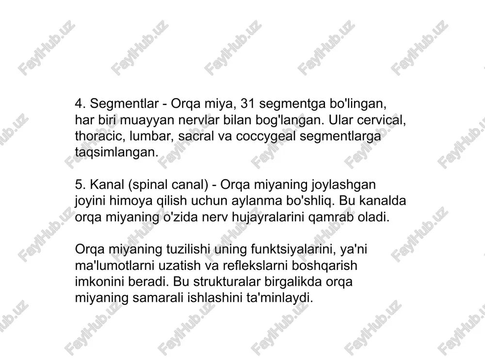 echa muhim funktsiyalarni bajaradi: 1. sensor ma'lumotlarni uzatish: tana qismlaridan tasvirlangan sezgi ma'lumotlarini ko'taradi. 2. refleks javoblar: harakatlarni tezda boshqarish uchun zarur bo'lgan oddiy refleks jarayonlarini ta'minlaydi. 3. corticospinal yo'l: - bu yo'l harakatlarni boshqarish uchun juda muhim hisoblanadi. uning davomiyligi ham 10-20 millisekundga yetishi mumkin. ▎ umumiy ma'lumot orqa miyaning yuqoriga ko'taruvchi yo'llarining davomiyligi va samaradorligi ko'plab omillarga bog'liq, jumladan, muayyan hidoyat va harakat turlari, shuningdek neurologik holatlar bilan bog'liq. orqa miyaning yuqoriga ko'tariluvchi yo'llari bir necha turga bo'linadi, va bu yo'llar davomiyligi ham ular turiga qarab farq qiladi. quyida asosiy yo'llarni va ularning davomiyligini ko'rib chiqamiz. ▎ asosiy yo'llar 1. spinotalamik yo'l: - bu yo'l og'riq va issiqlik sezgilarini miya qismiga uzatadi. ushbu yo'lning davomiyligi odatda bir necha millisekundni tashkil etadi. 2. dorsal massiv yoki dorsal kolonna yo'li: - ushbu yo'l sensor ma'lumotlarni, masalan, alohida sezgi va teginish hissini uzatadi. davomiyligi ham yaqin 5-10 millisekund bo'lishi mumkin. 3. …